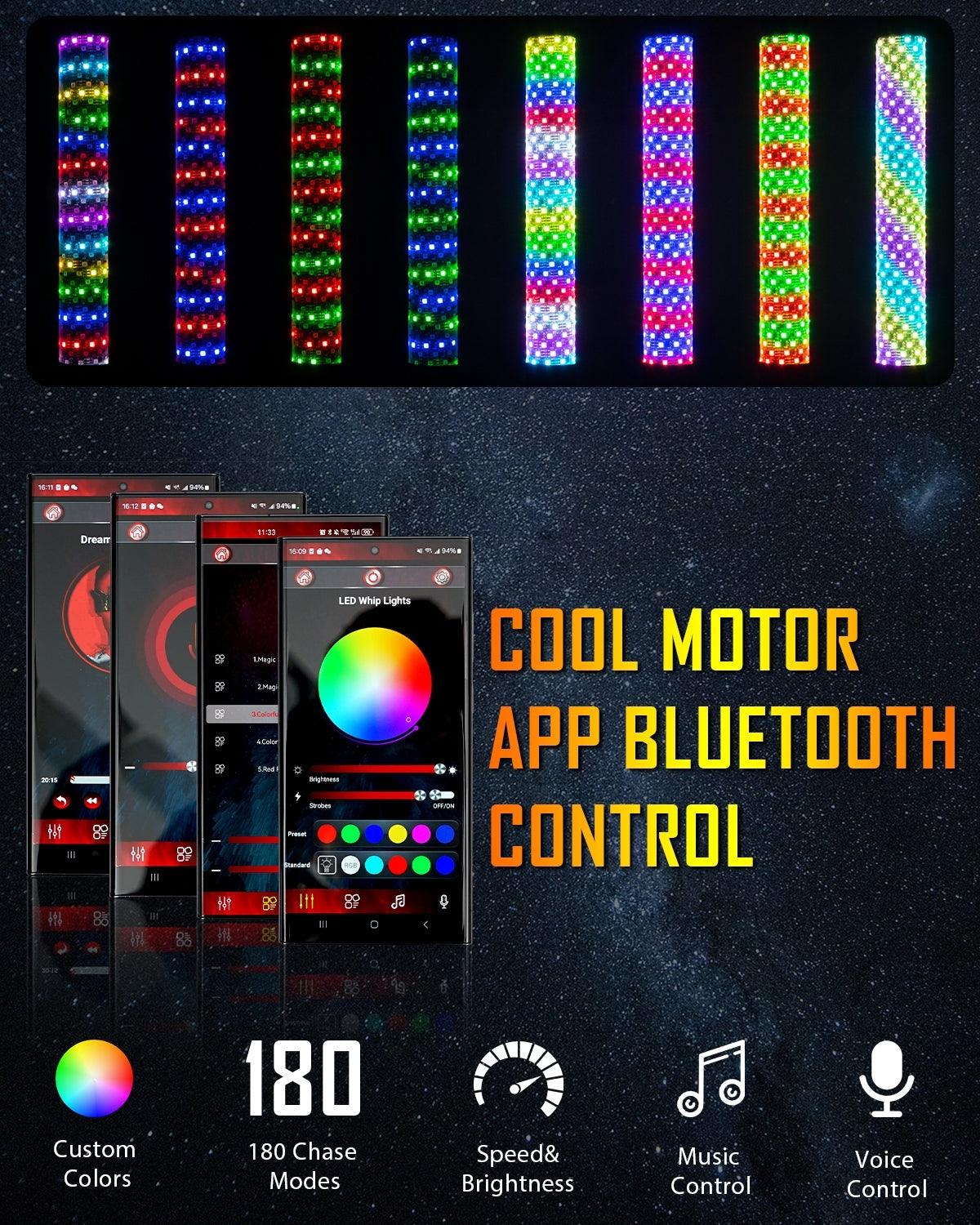 New 1.9FT LED RGB Whip Lights with Turn Signal & Brake Light, Bluetooth APP/ Remote Control