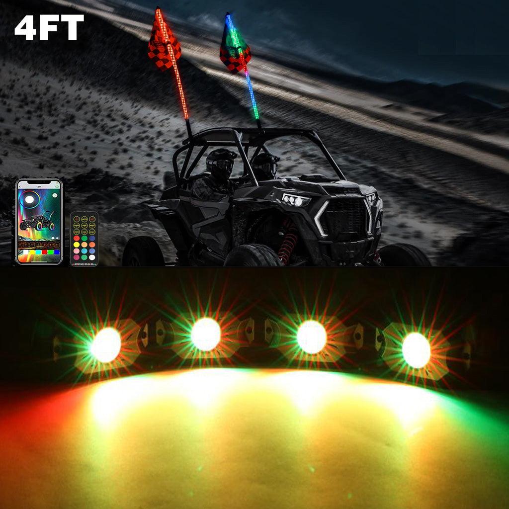 2Pcs 4FT RGB LED Whip Lights with Turn Signal & Brake Light + RGB LED Rock Lights Set with Bluetooth Controlled