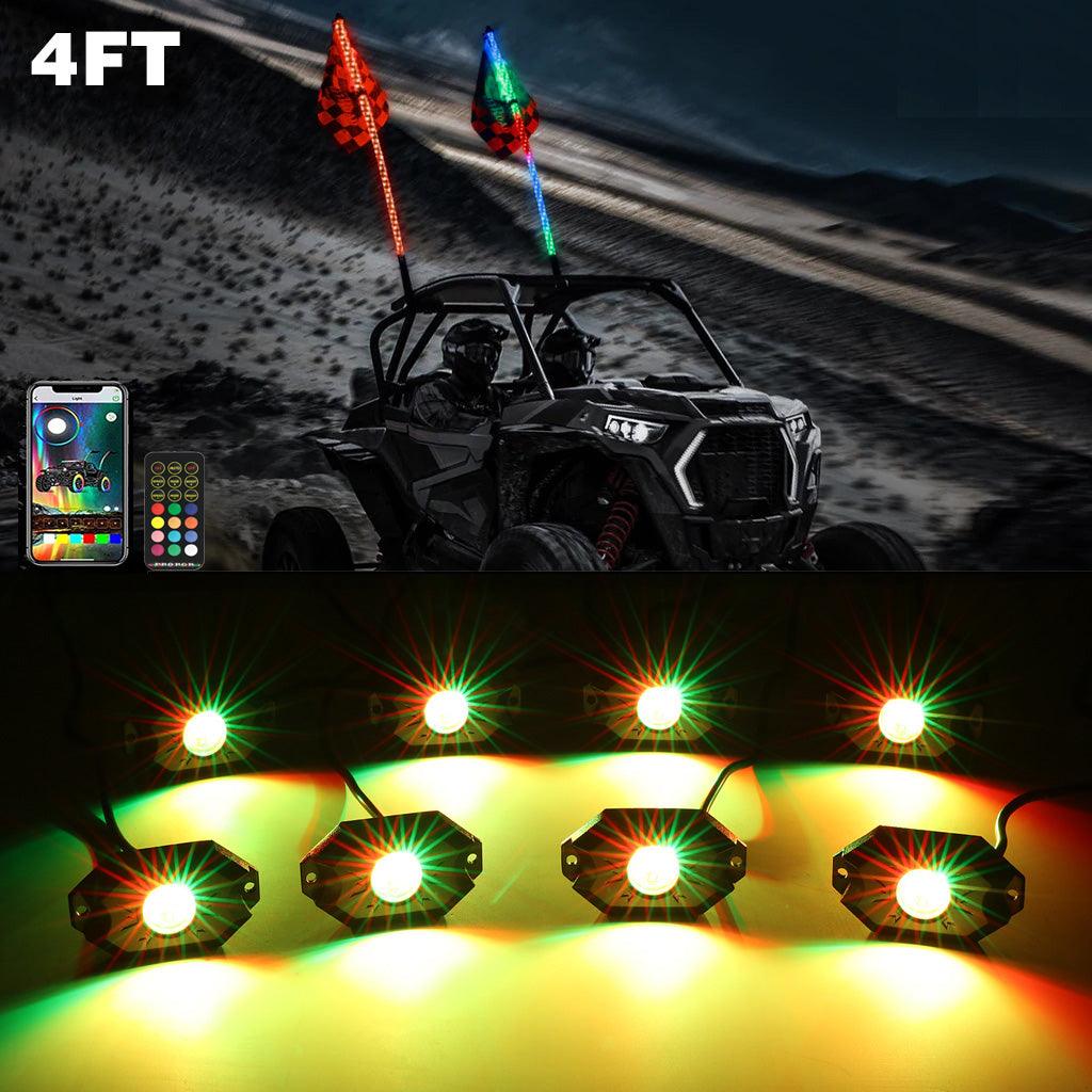 2Pcs 4FT RGB LED Whip Lights with Turn Signal & Brake Light + RGB LED Rock Lights Set with Bluetooth Controlled