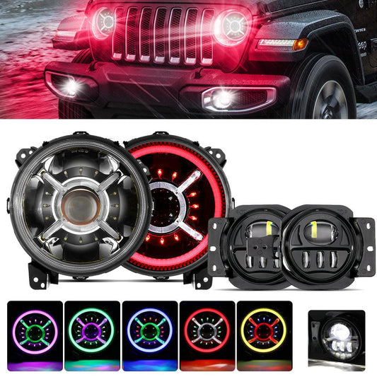 9'' Round RGB LED Headlights Bluetooth Control with DRL &amp; 4'' 30W LED Fog Lights with Adapter Ring for Jeep Wrangler JL 2018-2019