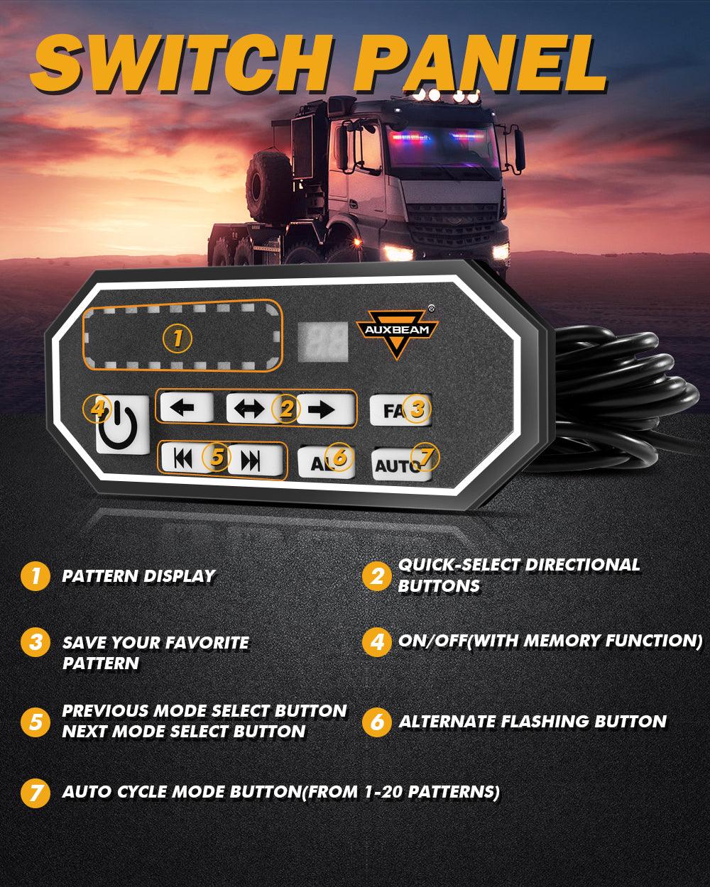 شريط إضاءة ستروب أزرق وأحمر مزدوج الواقي مقاس 17 بوصة مع 20 نمطًا وامضًا مع لوحة تحكم للمركبات والشاحنات والسيارات الرياضية متعددة الاستخدامات والسيارات رباعية الدفع