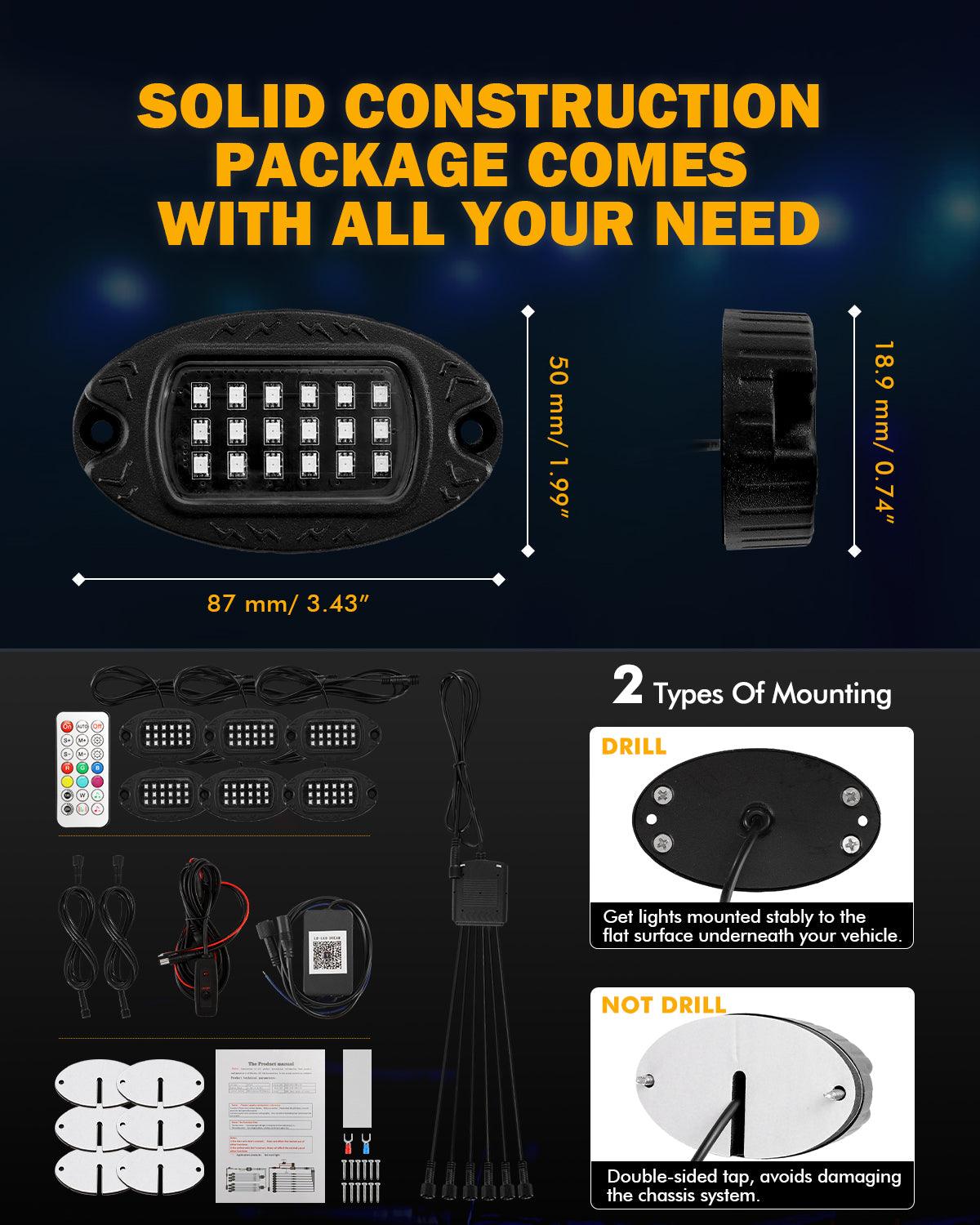 مجموعة مصابيح LED RGB Rock مع تطبيق Bluetooth وجهاز تحكم عن بعد لاسلكي، مصابيح نيون متعددة الألوان مع وظيفة ضوء الفرامل لـ ATV UTV