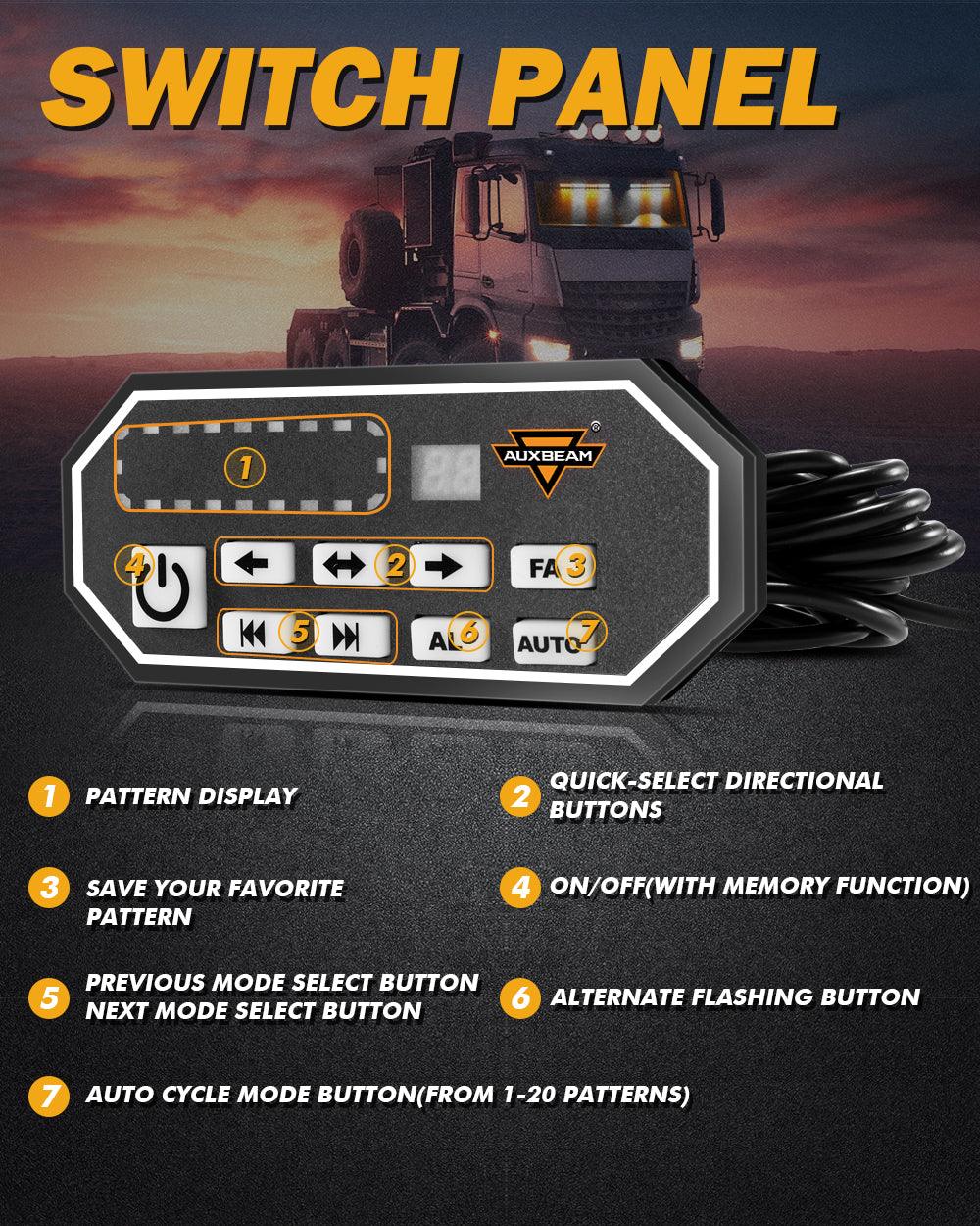 شريط إضاءة ستروب أبيض وكهرماني مزدوج الواقي مقاس 17 بوصة مع 20 نمطًا وامضًا ولوحة تحكم للمركبات والشاحنات والسيارات الرياضية متعددة الاستخدامات والسيارات رباعية الدفع