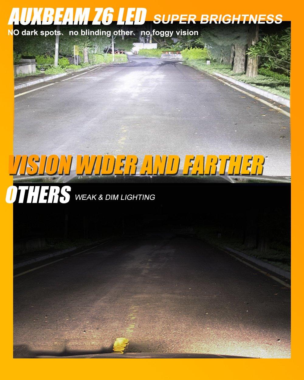 Comparison of AUXBEAM Z6 LED super bright white light versus weak and dim lighting on a dark road at night