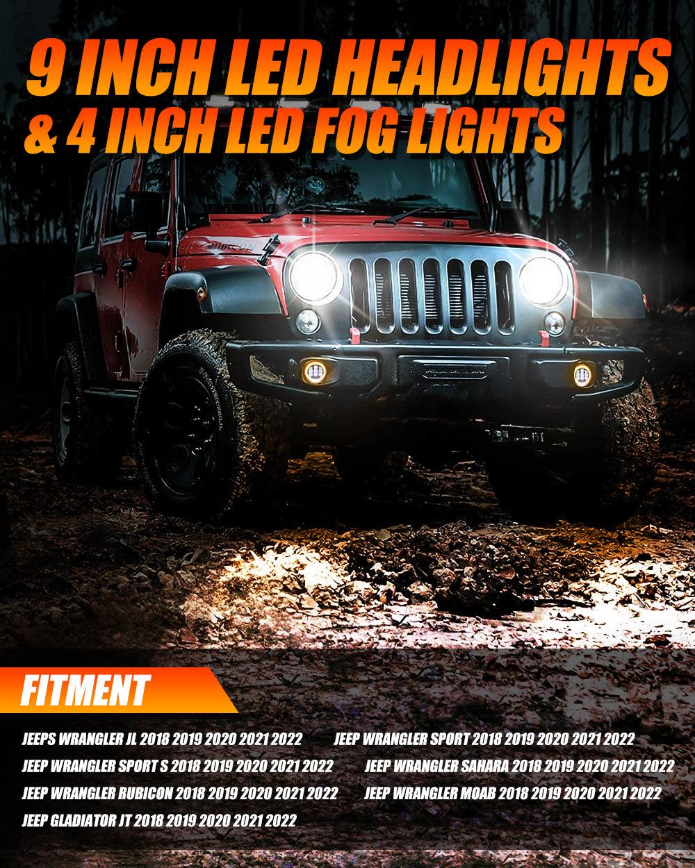9'' LED Halo Headlights &amp; 4'' 30W LED Fog Lights with White DRL+Amber Turn Signal For Jeep Wrangler JL 2018-2020 