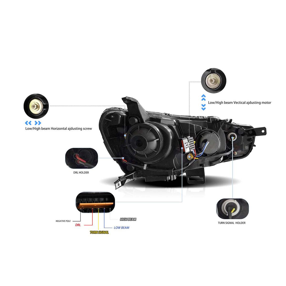 مجموعة مصابيح أمامية LED لجهاز عرض أسود لسيارة ميتسوبيشي لانسر الجيل التاسع Evo X GSR الجيل العاشر موديلات 2008-2017 (CZ4A)