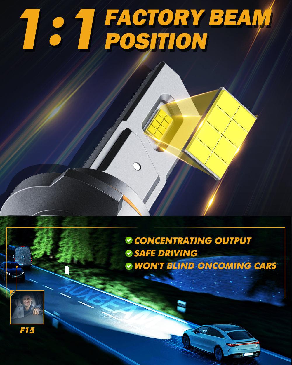 9005+9006 LED Headlight Bulbs 90W 20000LM F15 Series 20% Smaller Size 6500K Cool White | 4 Bulbs - Auxbeam  – éclairage LED auto