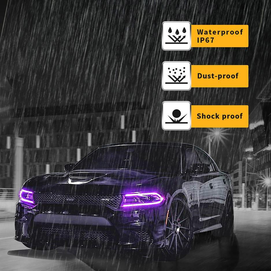 مجموعة مصابيح أمامية LED بنمط RGB مع جهاز عرض مزدوج الشعاع باللون الأسود لسيارة Dodge Charger الجيل السابع (LD) موديلات 2015-2023