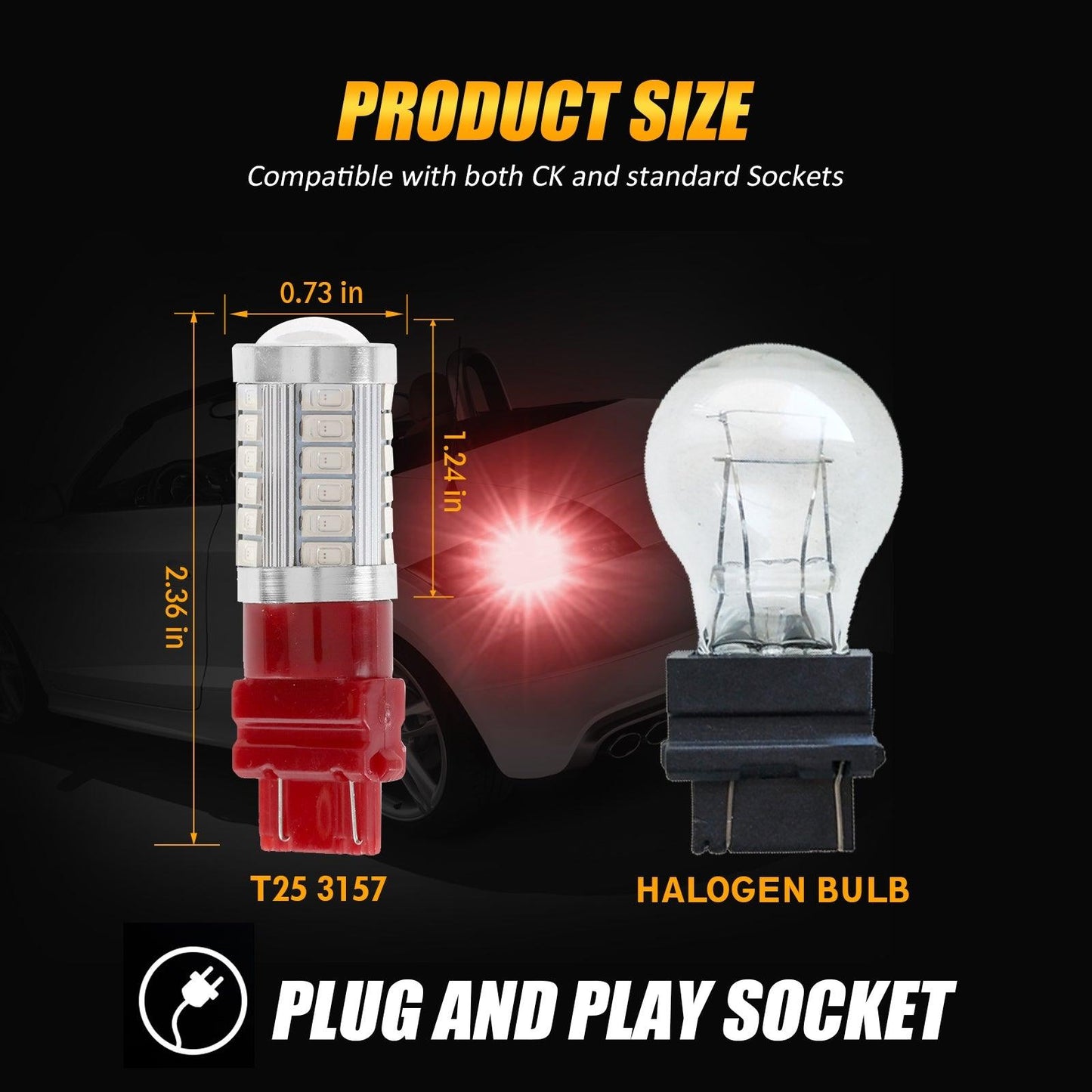 مصابيح LED للفرامل/المصابيح الخلفية T25 3157 3156، 20 واط، 4000 لومن، حمراء، سلسلة 33LED | مصباحان 