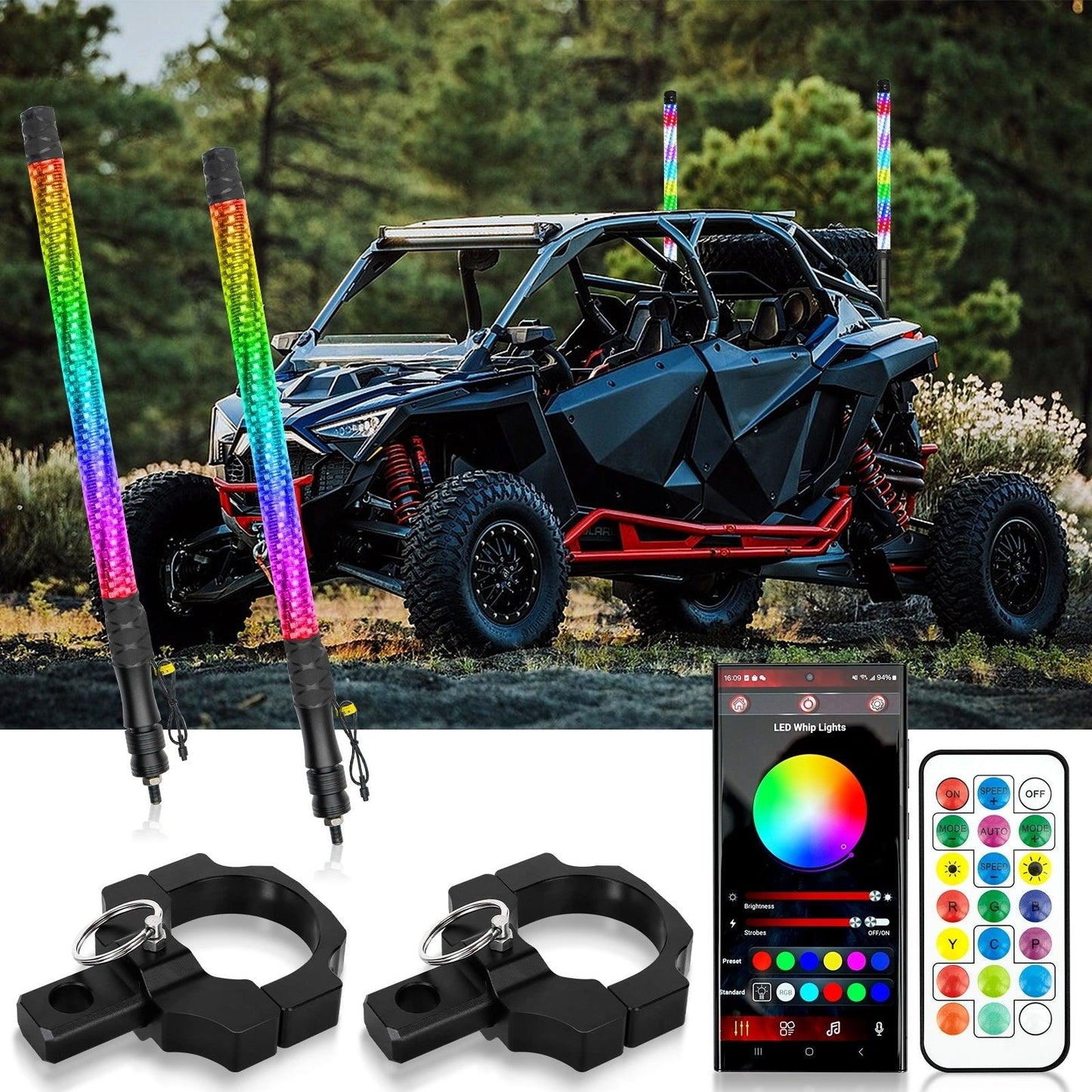 New LED RGB Whip Lights with Turn Signal & Brake Light, Bluetooth APP/ Remote Control