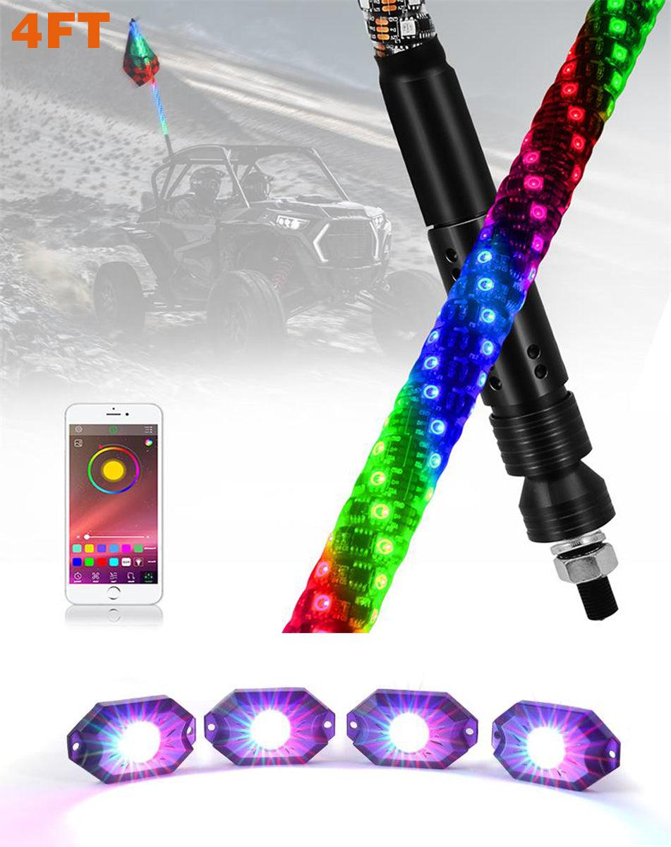 4FT RGB LED Whip Lights & RGB LED Rock Lights Set with Bluetooth Controlled