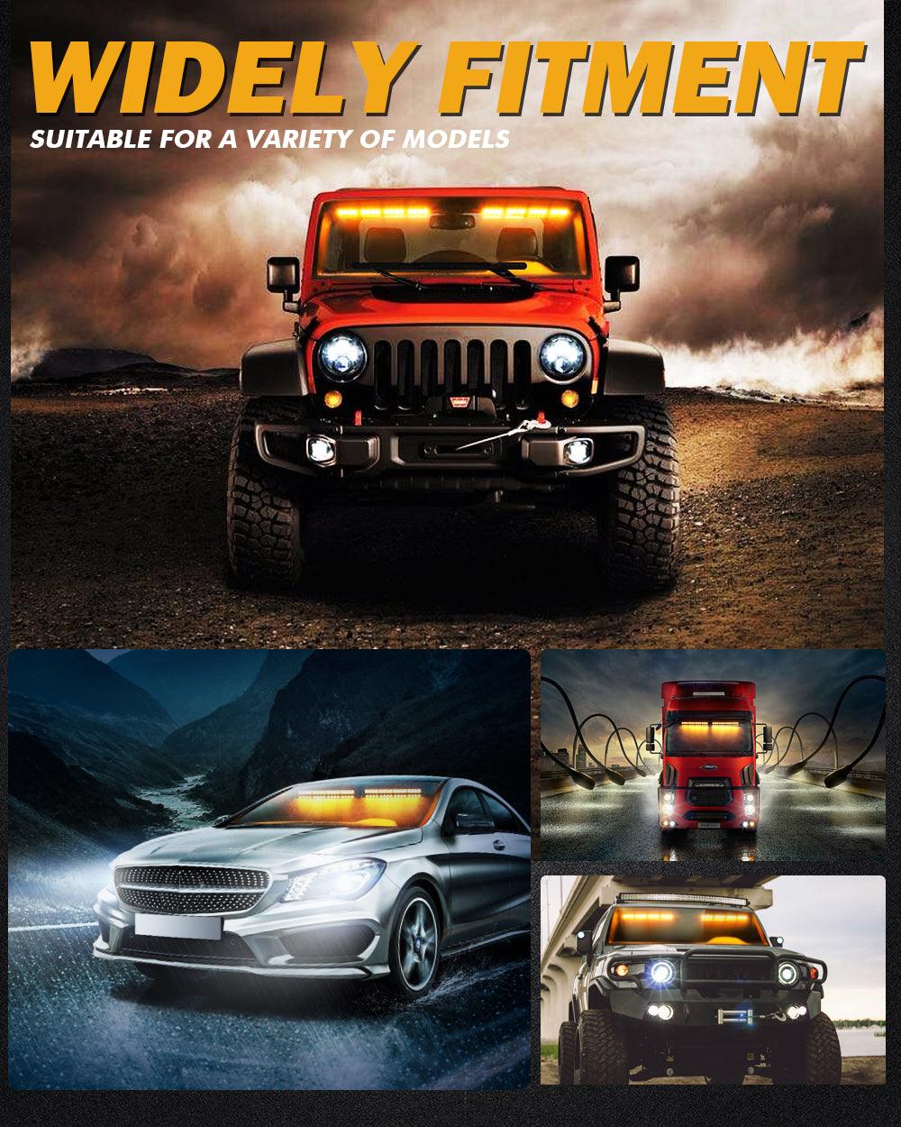 شريطان ضوئيان وامضان مقاس 17 بوصة على الزجاج الأمامي ولوحة القيادة مزودان بـ 20 نمطًا وامضًا مع حامل شفط للمركبات والشاحنات والسيارات الرياضية متعددة الاستخدامات والمركبات الرباعية