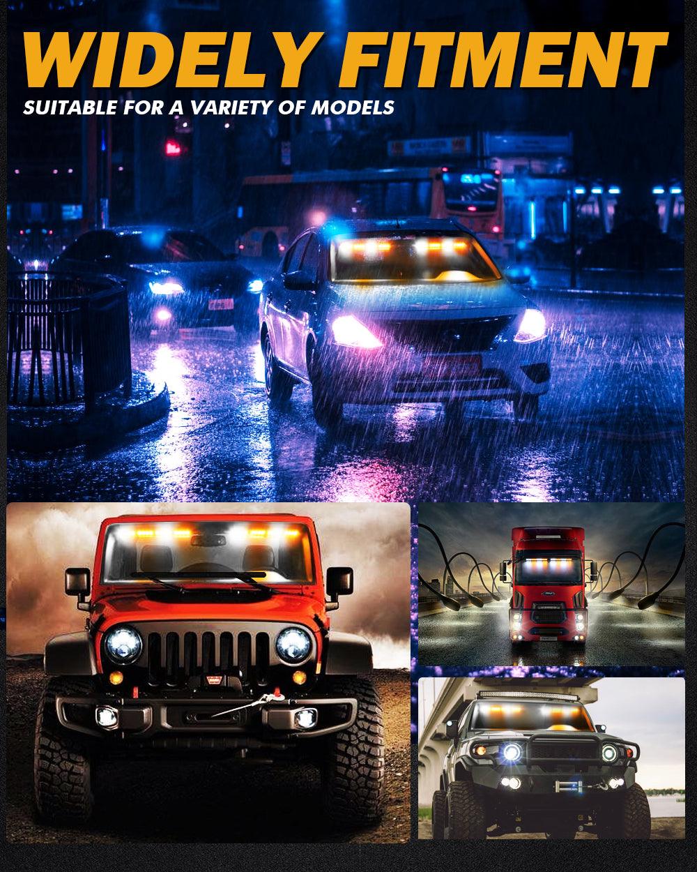 شريط إضاءة ستروب أبيض وكهرماني مزدوج الواقي مقاس 17 بوصة مع 20 نمطًا وامضًا ولوحة تحكم للمركبات والشاحنات والسيارات الرياضية متعددة الاستخدامات والسيارات رباعية الدفع