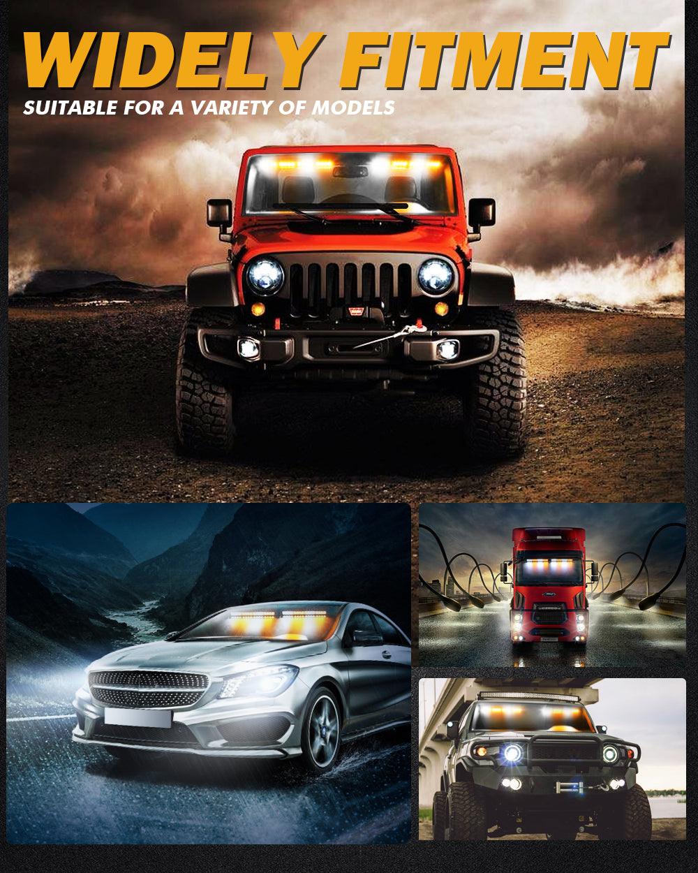شريطان ضوئيان وامضان مقاس 17 بوصة على الزجاج الأمامي ولوحة القيادة مزودان بـ 20 نمطًا وامضًا مع حامل شفط للمركبات والشاحنات والسيارات الرياضية متعددة الاستخدامات والمركبات الرباعية