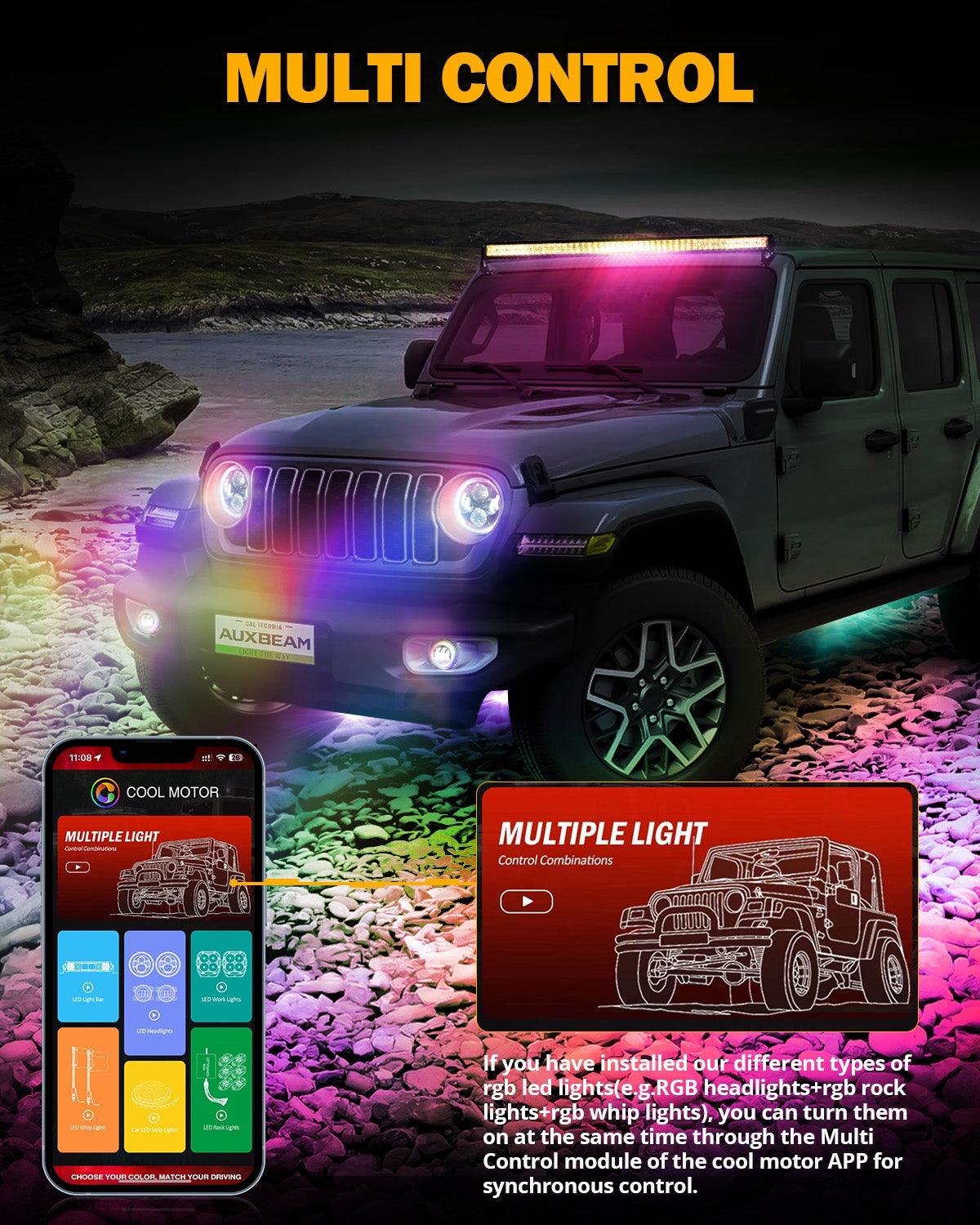 مجموعة مصابيح أمامية RGB مُحسّنة مقاس 9 بوصات + مصابيح ضباب مقاس 4 بوصات لسيارة Jeep Wrangler JL مع التحكم عبر التطبيق 