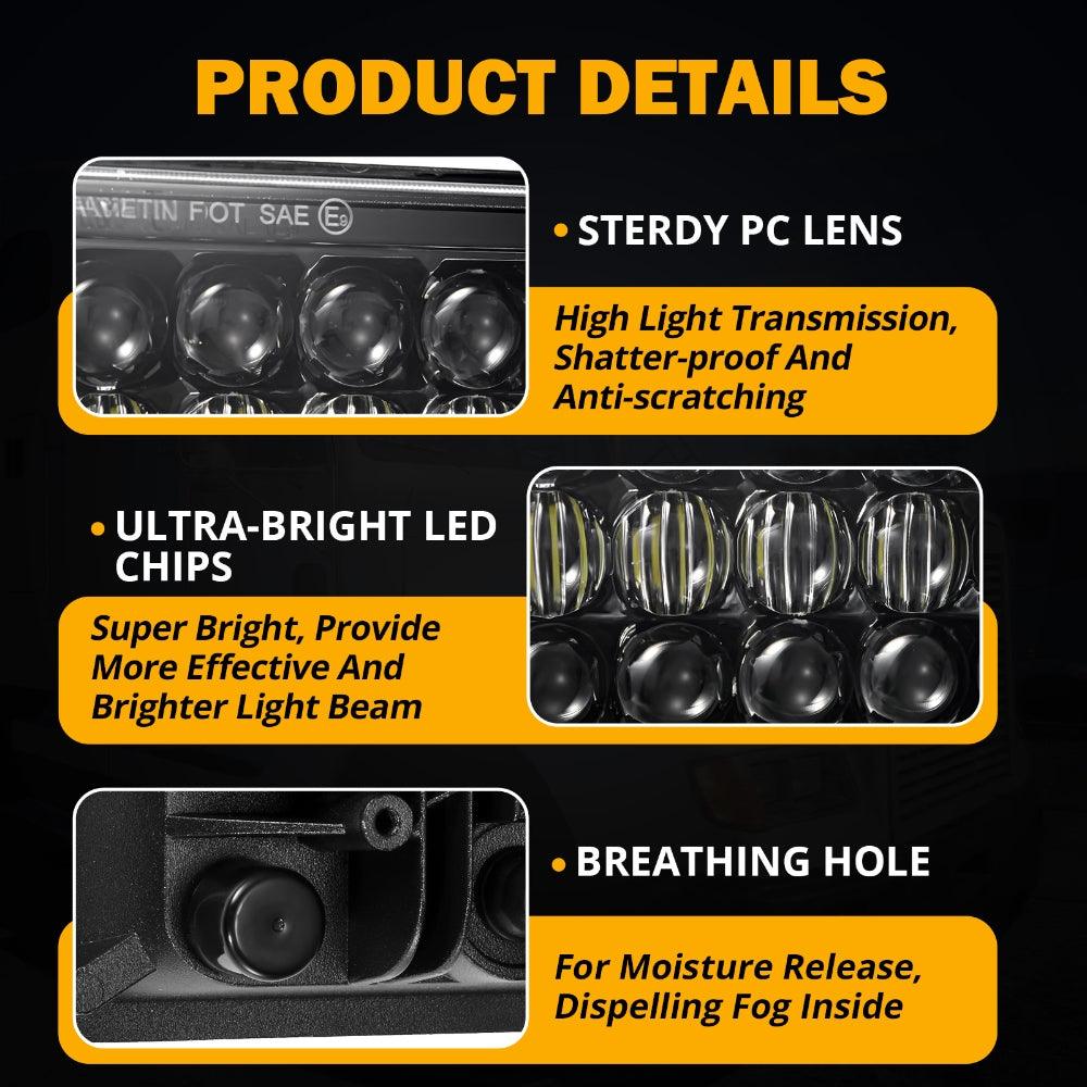 4x6 LED Headlights Rectangular Headlamps Hi/Lo Sealed Beam with DRL DOT Approved Replacement H4651 H4652 H4656 H4666 H6545 Compatible with Peterbil Kenworth Freightliner Ford Trucks