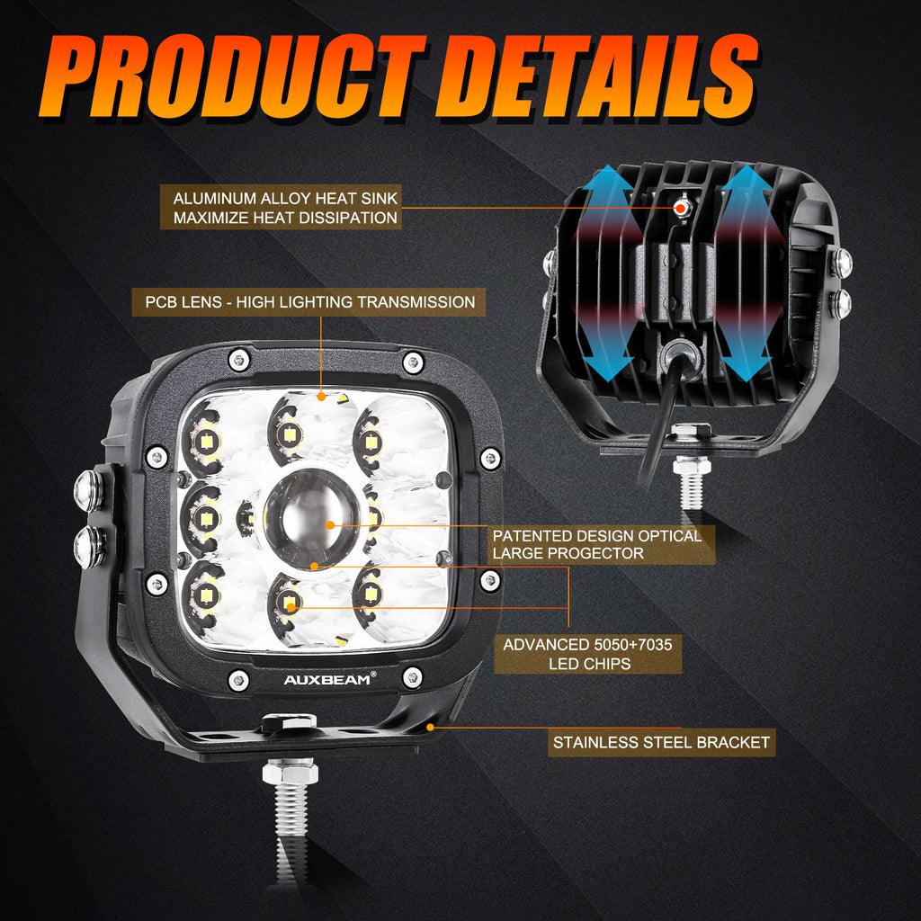 مجموعة مصابيح قيادة LED مقاس 5 بوصات بقوة 110 وات مع أغطية كهرمانية إضافية وقضبان إضاءة LED مقاس 22 بوصة من سلسلة 5D-PRO لمركبات CBR 1000rr على الطرق الوعرة، ومركبات الدفع الرباعي، ومركبات UTV، والشاحنات 