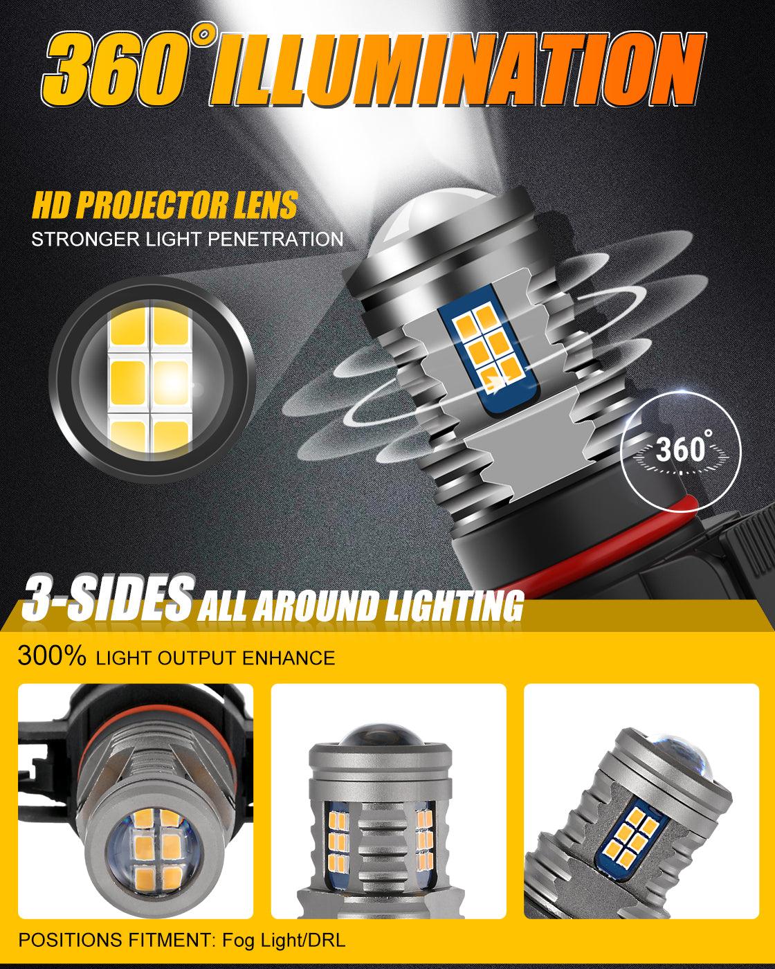 (قطعتان/مجموعة) سلسلة Y2 من مصابيح الضباب LED ثلاثية الجوانب باللون الأبيض البارد/الأصفر الذهبي/النهاري 5202/5201/PS24W/H16EU