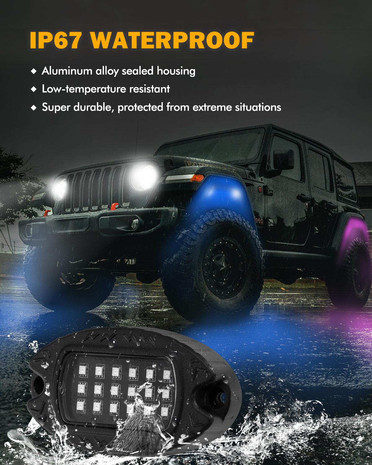 مجموعة مصابيح LED RGB Rock مع تطبيق Bluetooth وجهاز تحكم عن بعد لاسلكي، مصابيح نيون متعددة الألوان مع وظيفة ضوء الفرامل لـ ATV UTV