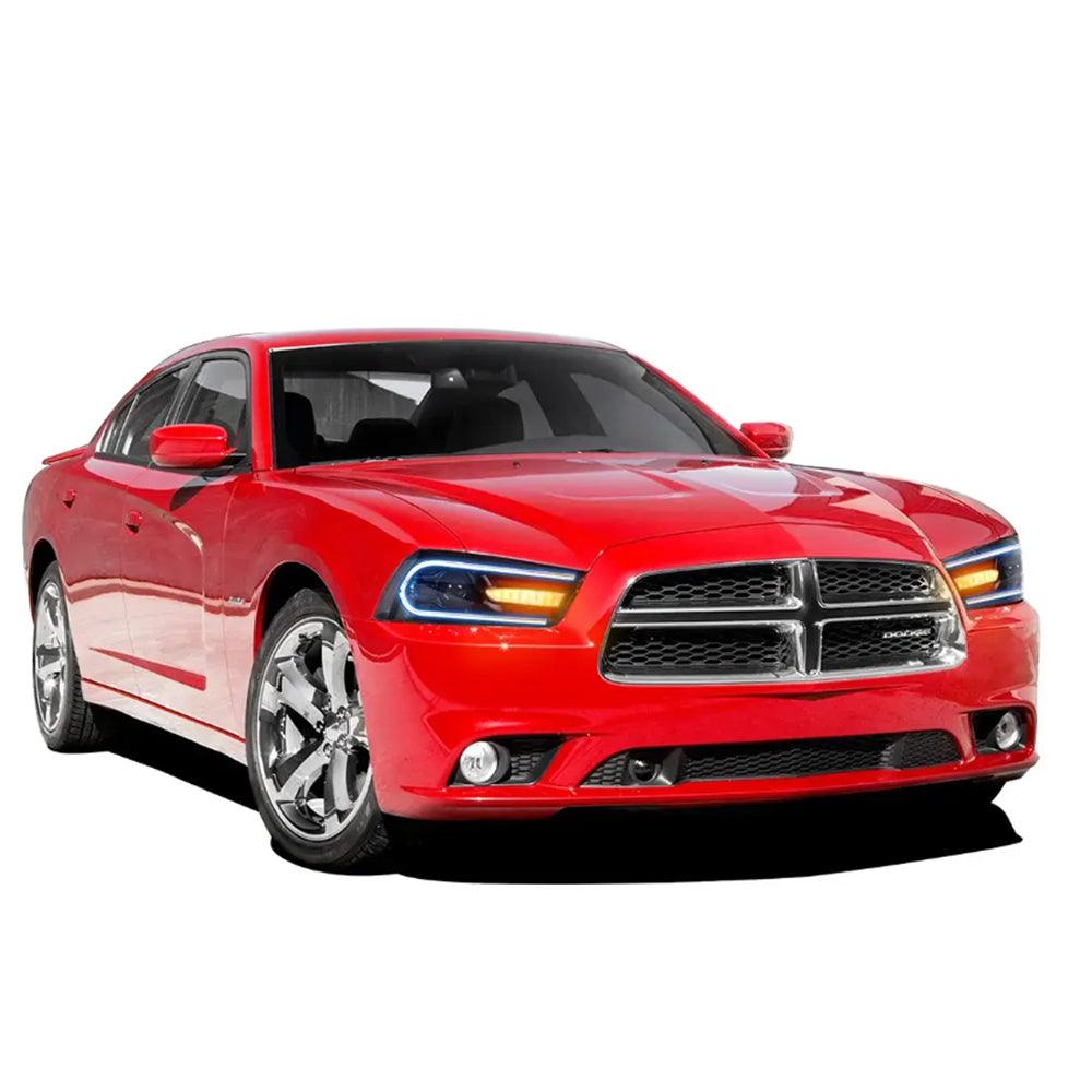 مجموعة مصابيح أمامية LED RGB ثنائية الشعاع باللون الأسود لسيارة Dodge Charger (LD) موديلات 2011-2014