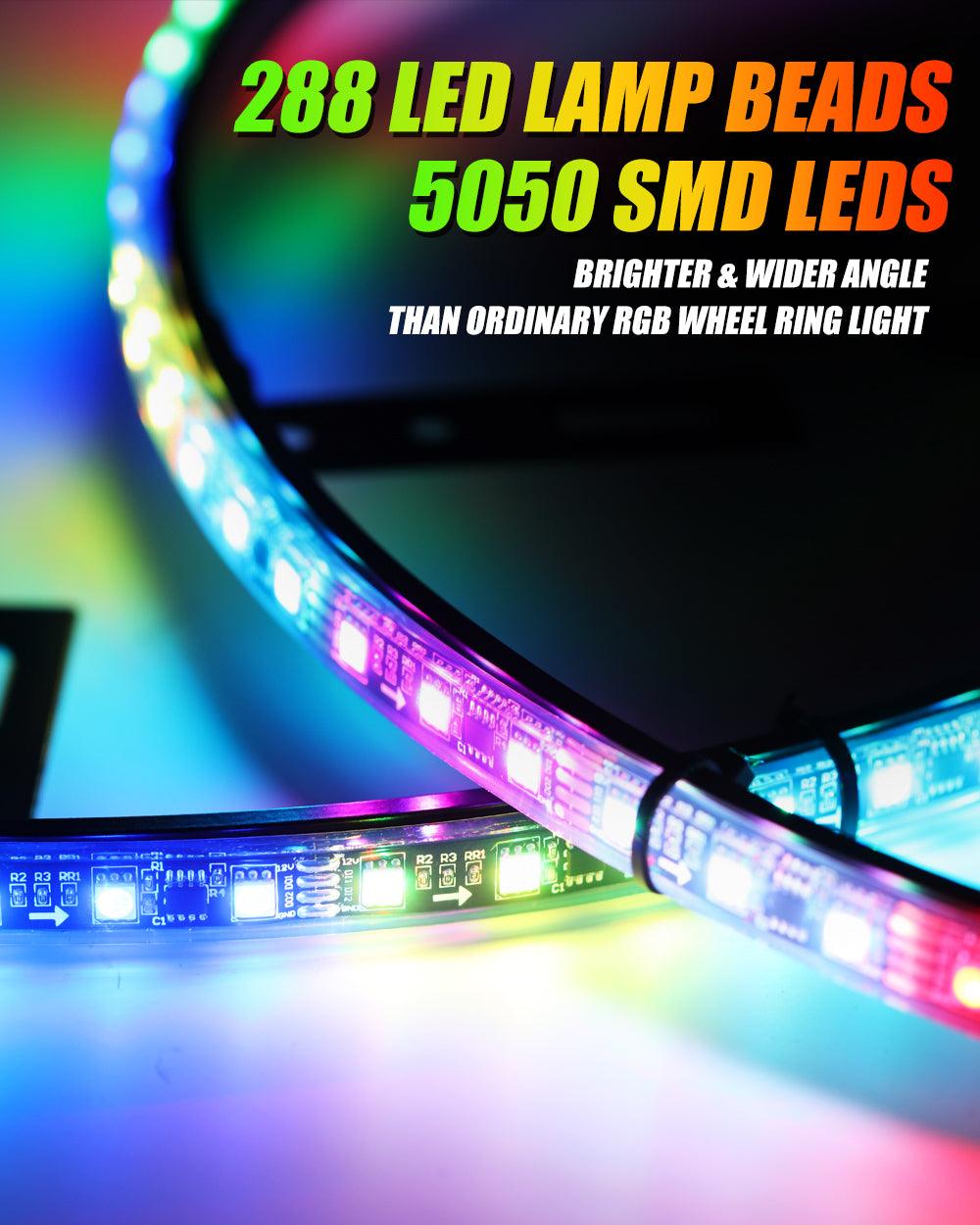 (4 قطع/مجموعة) مصابيح حلقة عجلة LED RGB مقاس 15.5 بوصة ضوء نيون سحري ملون مع تطبيق وجهاز تحكم عن بعد RF