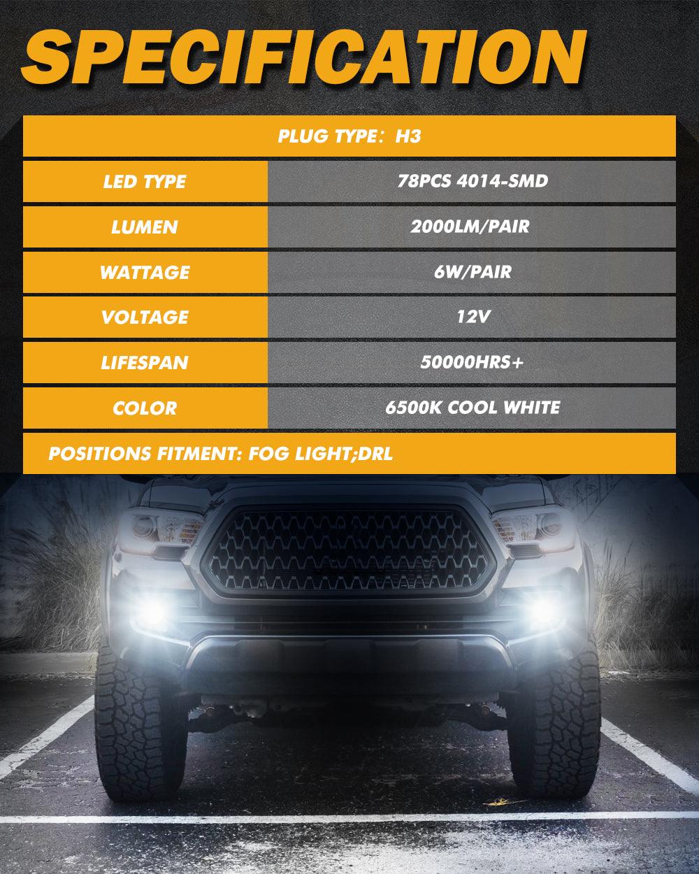 H3 LED Fog Light/DRL Bulbs 6W 2000ML 6500K White | 2 bulbs