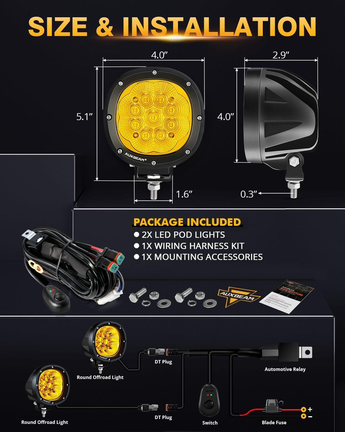 P4 Series | 4 Inch 90W 9000LM Round LED Driving Lights Flood Amber Pod Lights - Auxbeam  – éclairage LED auto