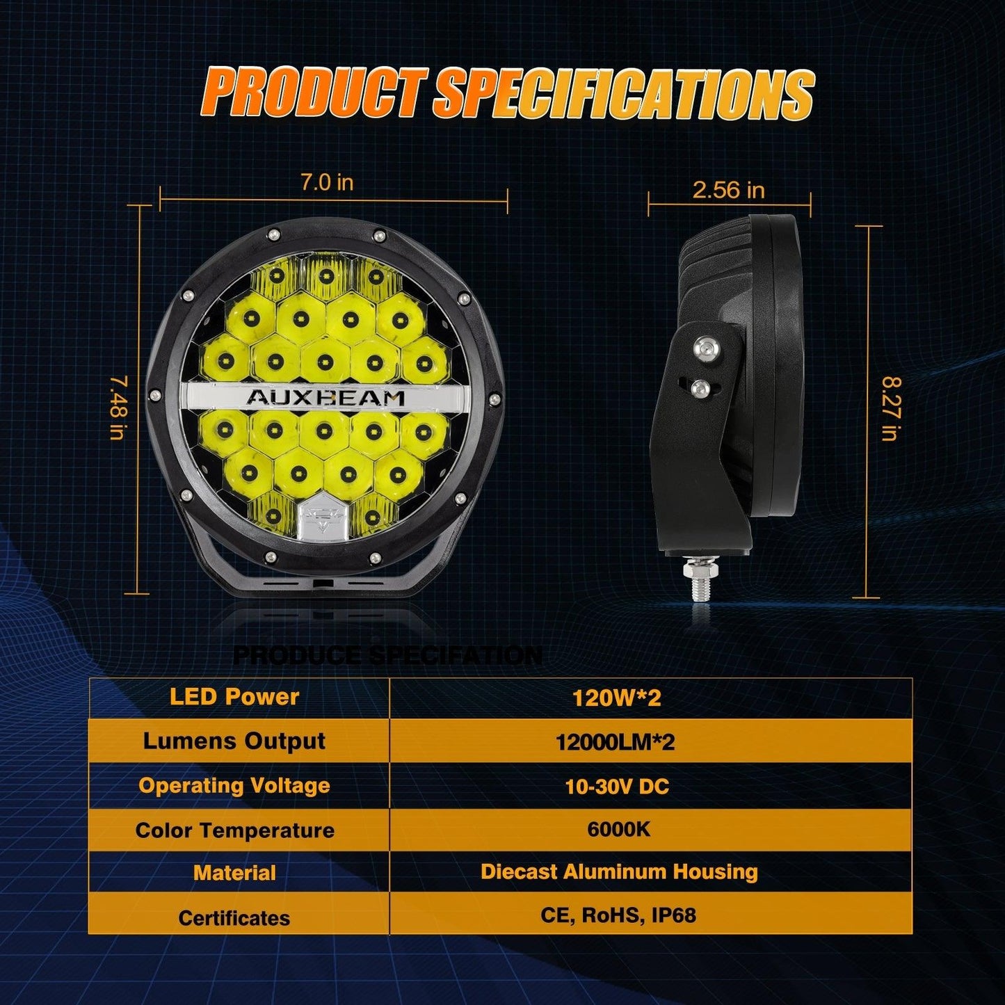 (2pcs/set) 7 Inch 240W Round Offroad LED Driving Lights with DRL+Amber/Black Covers(Optional) for SUV ATV UTV Trucks Pickup Boat