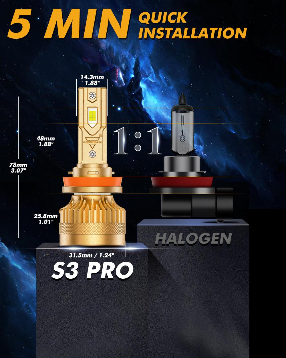 🆕H11/H9/H8 LED Headlight Bulbs S3 Pro Series Dual Decoder CAN-BUS Error Free 12V 120W 24000LM 6500K Cool White | 2 Bulbs - Auxbeam  – éclairage LED auto