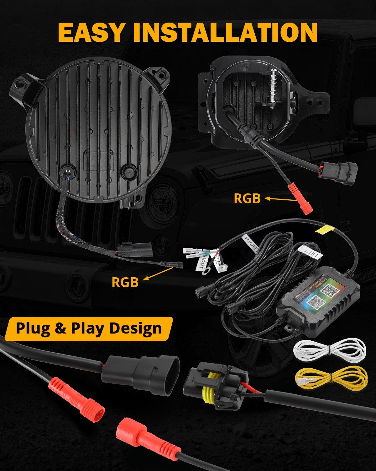 مجموعة مصابيح أمامية RGB مُحسّنة مقاس 9 بوصات + مصابيح ضباب مقاس 4 بوصات لسيارة Jeep Wrangler JL مع التحكم عبر التطبيق 