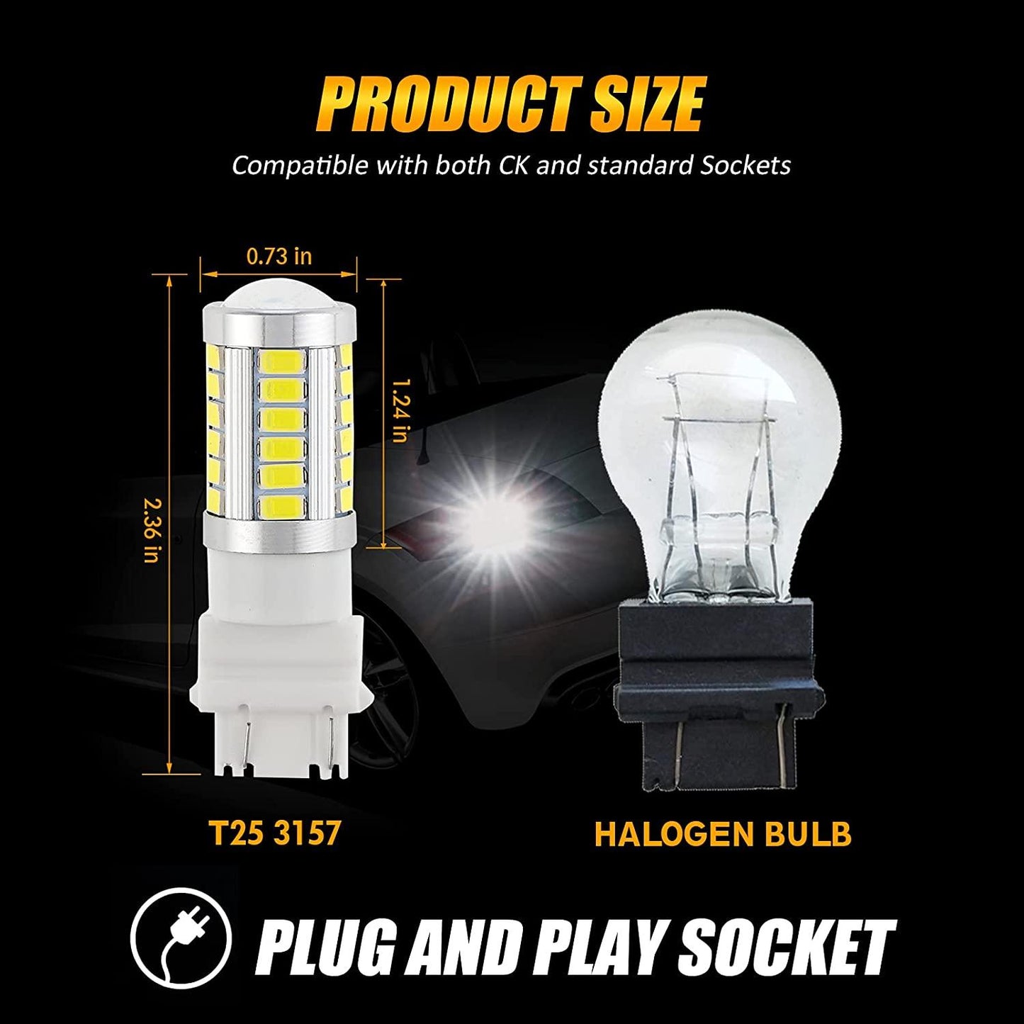 مصابيح LED احتياطية T25 3157 3156 للرجوع/إشارة الانعطاف/الفرامل الخلفية، 20 واط، 4000 لومن، 6500 كلفن، بيضاء، سلسلة 33LED | مصباحان 