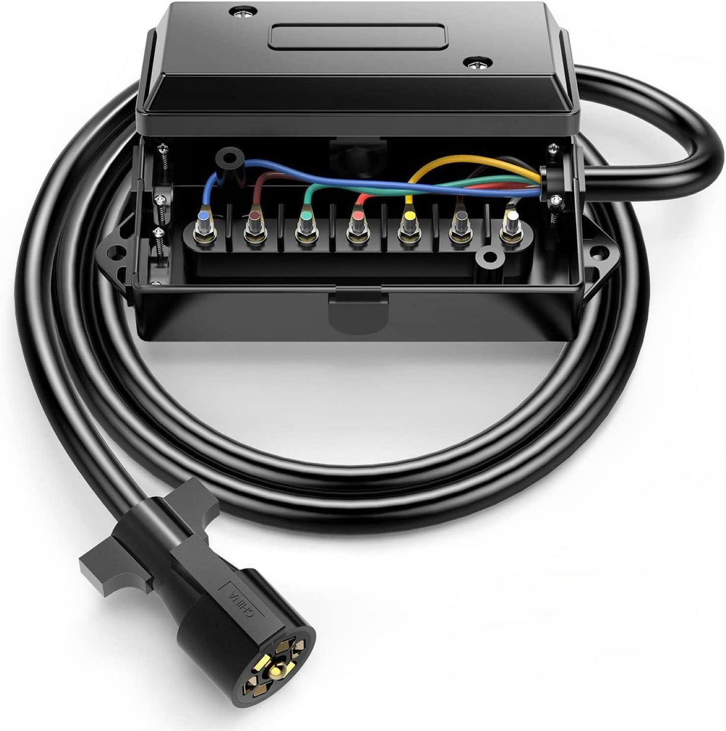 7 Way Trailer Cord, 7 Pin Trailer Plug with 7 Gang Junction Box, 8 Feet Trailer Connector Cable Wiring Harness with Waterproof Junction Box for RV Trailer Truck Camper Caravans Food Vans