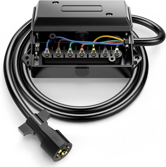 7 Way Trailer Cord, 7 Pin Trailer Plug with 7 Gang Junction Box, 8 Feet Trailer Connector Cable Wiring Harness with Waterproof Junction Box for RV Trailer Truck Camper Caravans Food Vans