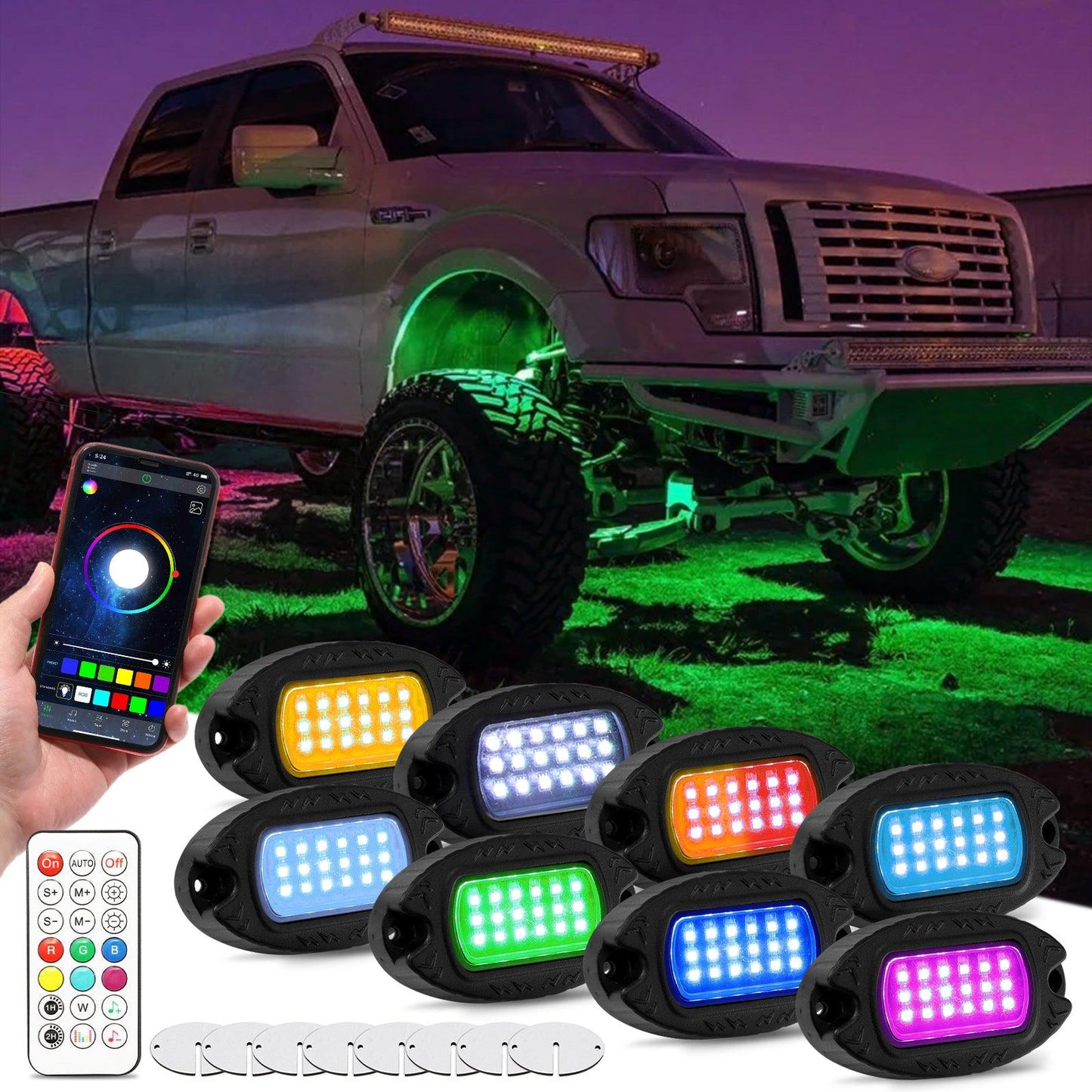 مجموعة مصابيح LED RGB Rock مع تطبيق Bluetooth وجهاز تحكم عن بعد لاسلكي، مصابيح نيون متعددة الألوان مع وظيفة ضوء الفرامل لـ ATV UTV