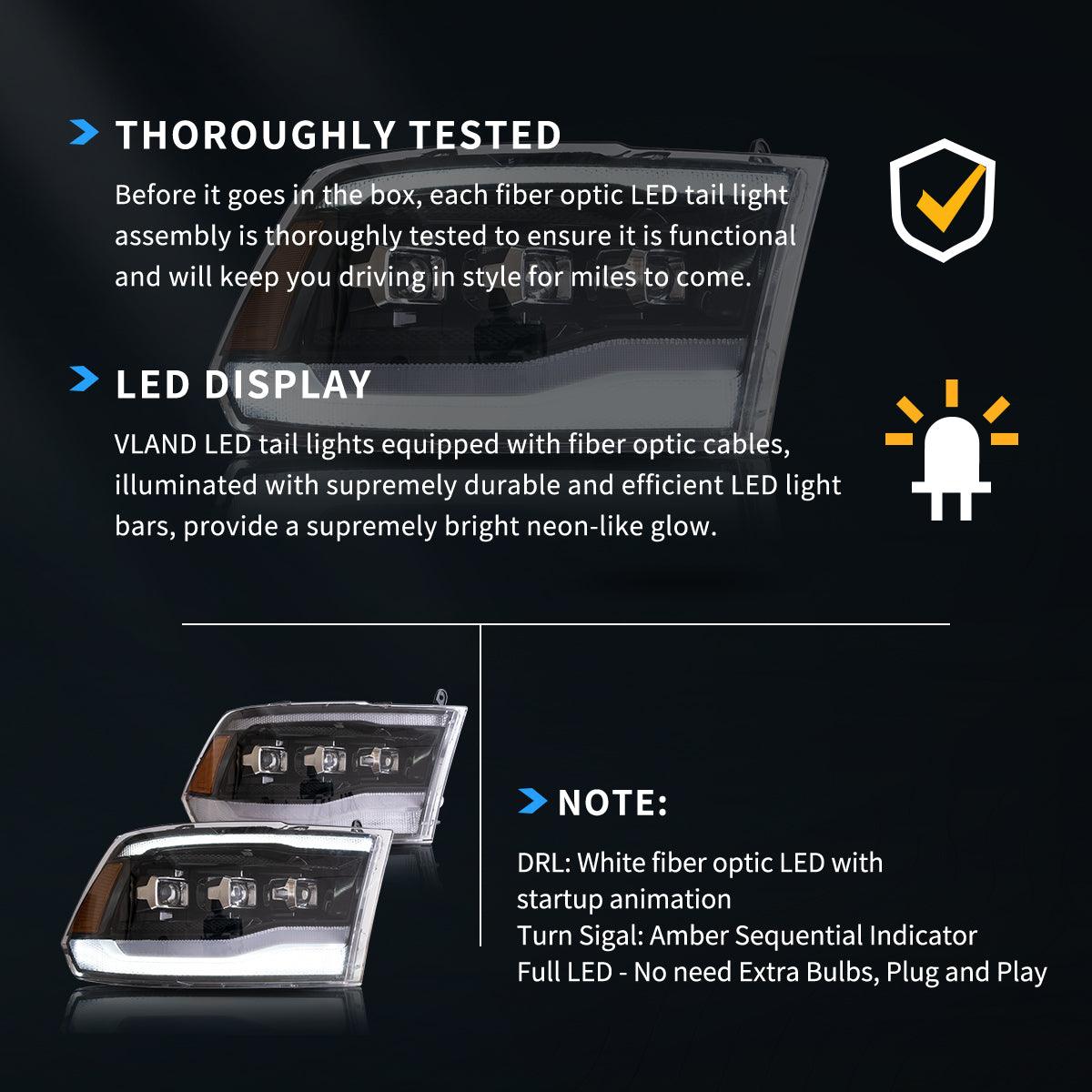 مجموعة مصابيح أمامية LED مزودة بمصفوفة عرض باللون الأسود لسيارة دودج رام الجيل الرابع 1500 و2500 و3500 موديلات 2009-2018