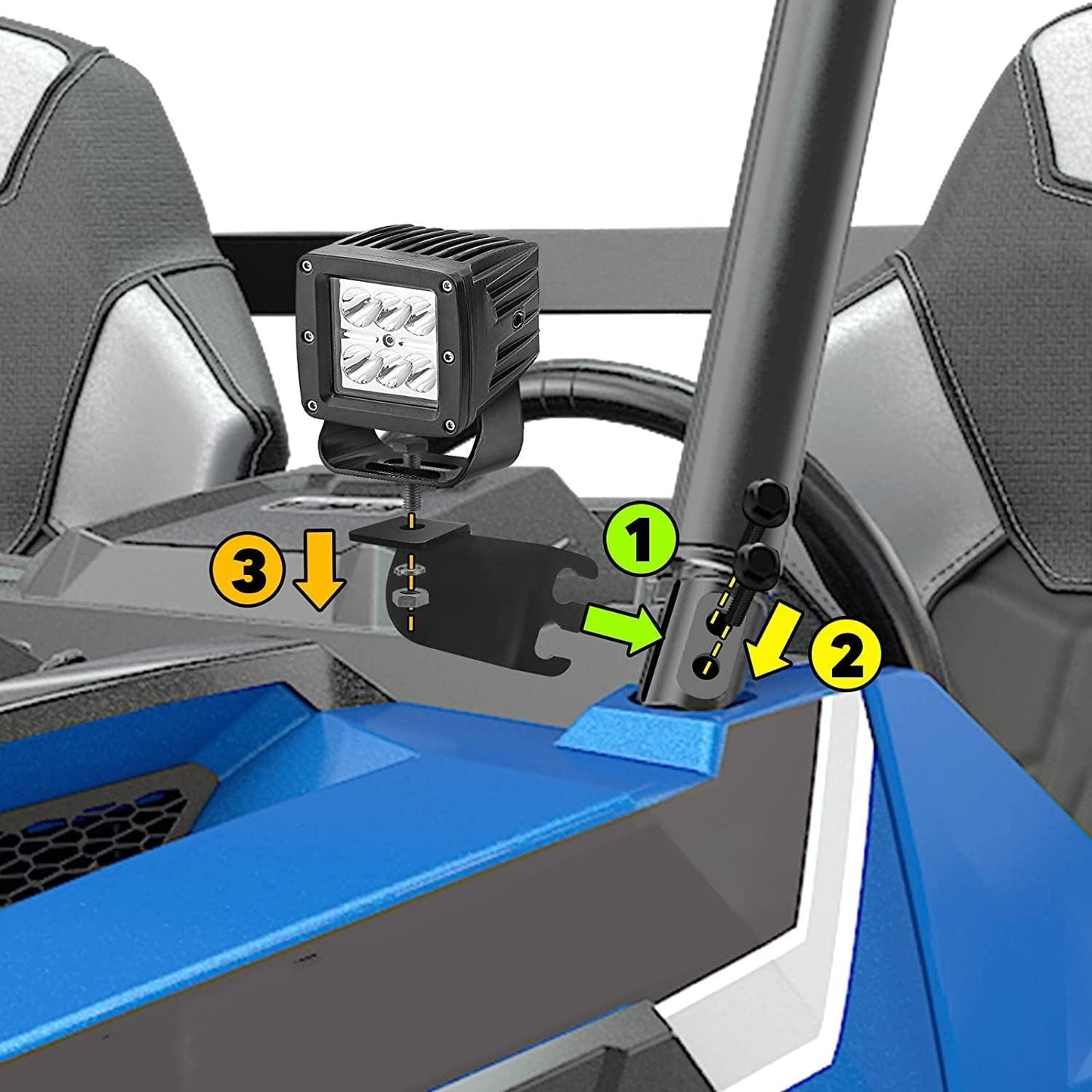 3 Inch LED Pods Light Spot/Flood Beam & A-pillar Front Roll Cage Light Mounting Brackets for 2016-2021 Polaris General