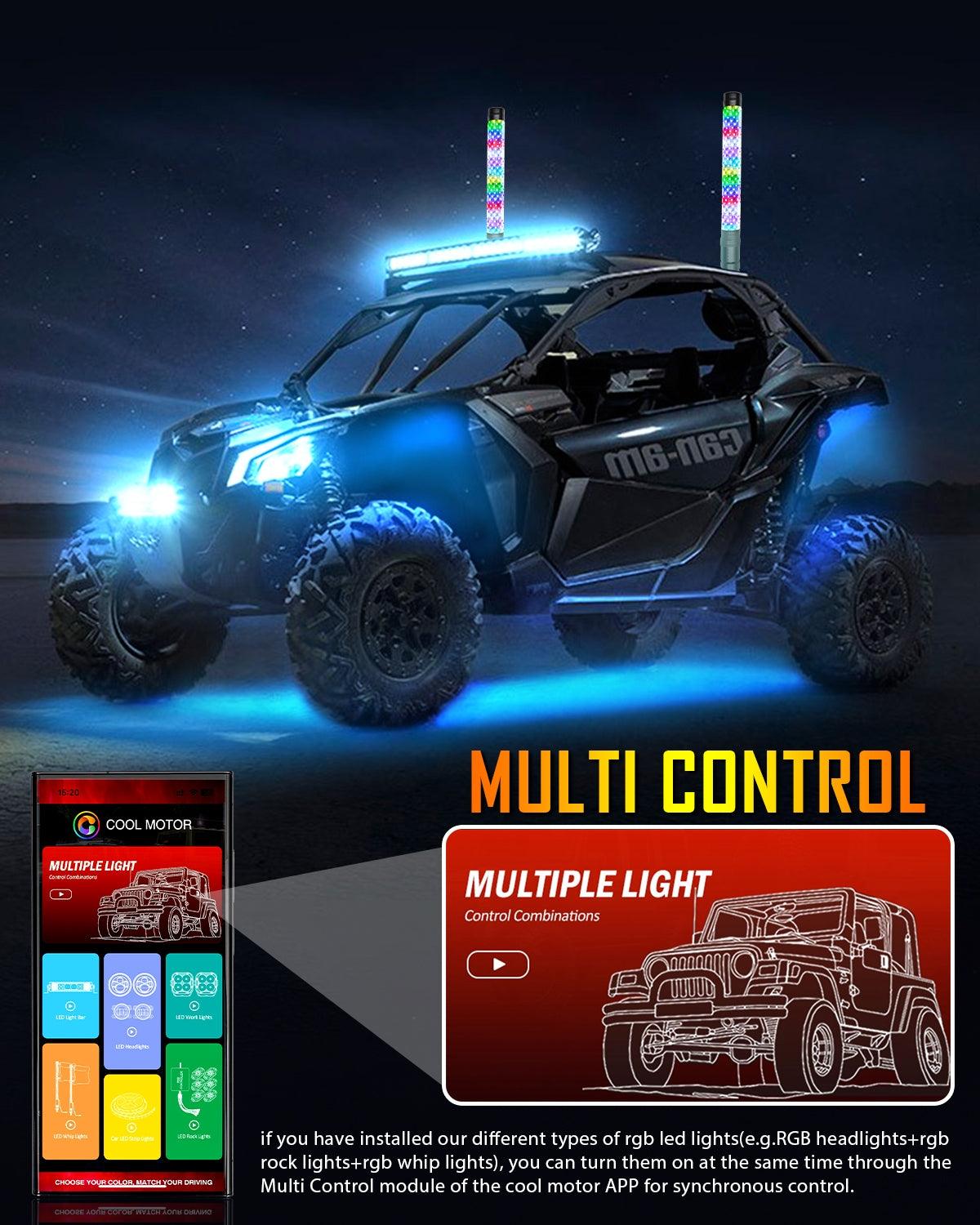 New 1.9FT LED RGB Whip Lights with Turn Signal & Brake Light, Bluetooth APP/ Remote Control