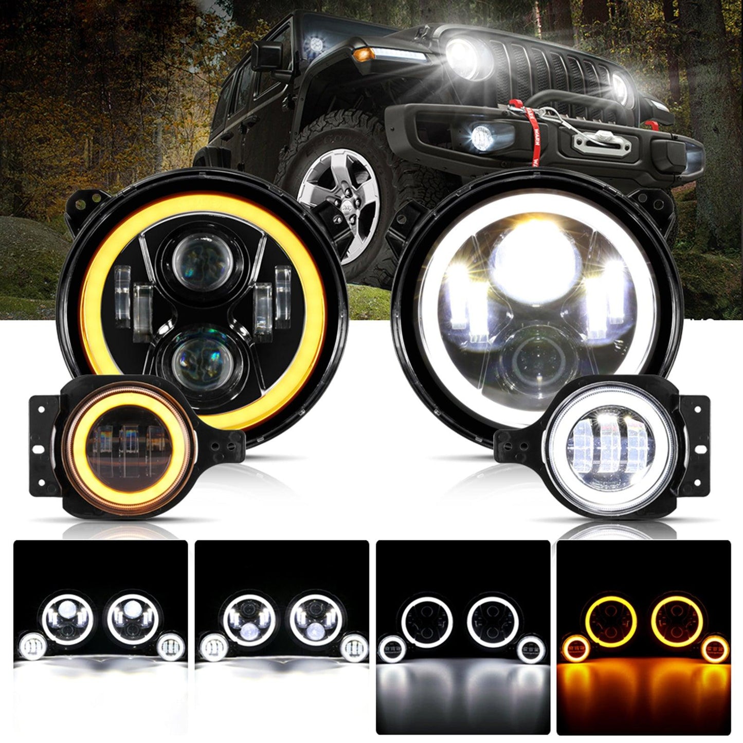 9'' LED Halo Headlights &amp; 4'' 30W LED Fog Lights with White DRL+Amber Turn Signal For Jeep Wrangler JL 2018-2020 