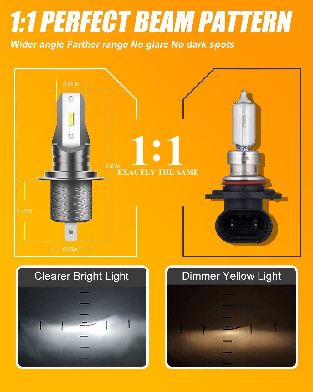 Comparison of H7 LED Z6 Series bulb and halogen bulb showing perfect 1:1 beam pattern and brighter white light illumination