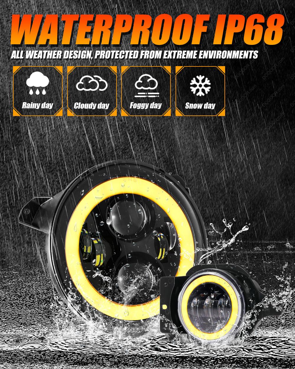 9'' LED Halo Headlights &amp; 4'' 30W LED Fog Lights with White DRL+Amber Turn Signal For Jeep Wrangler JL 2018-2020 