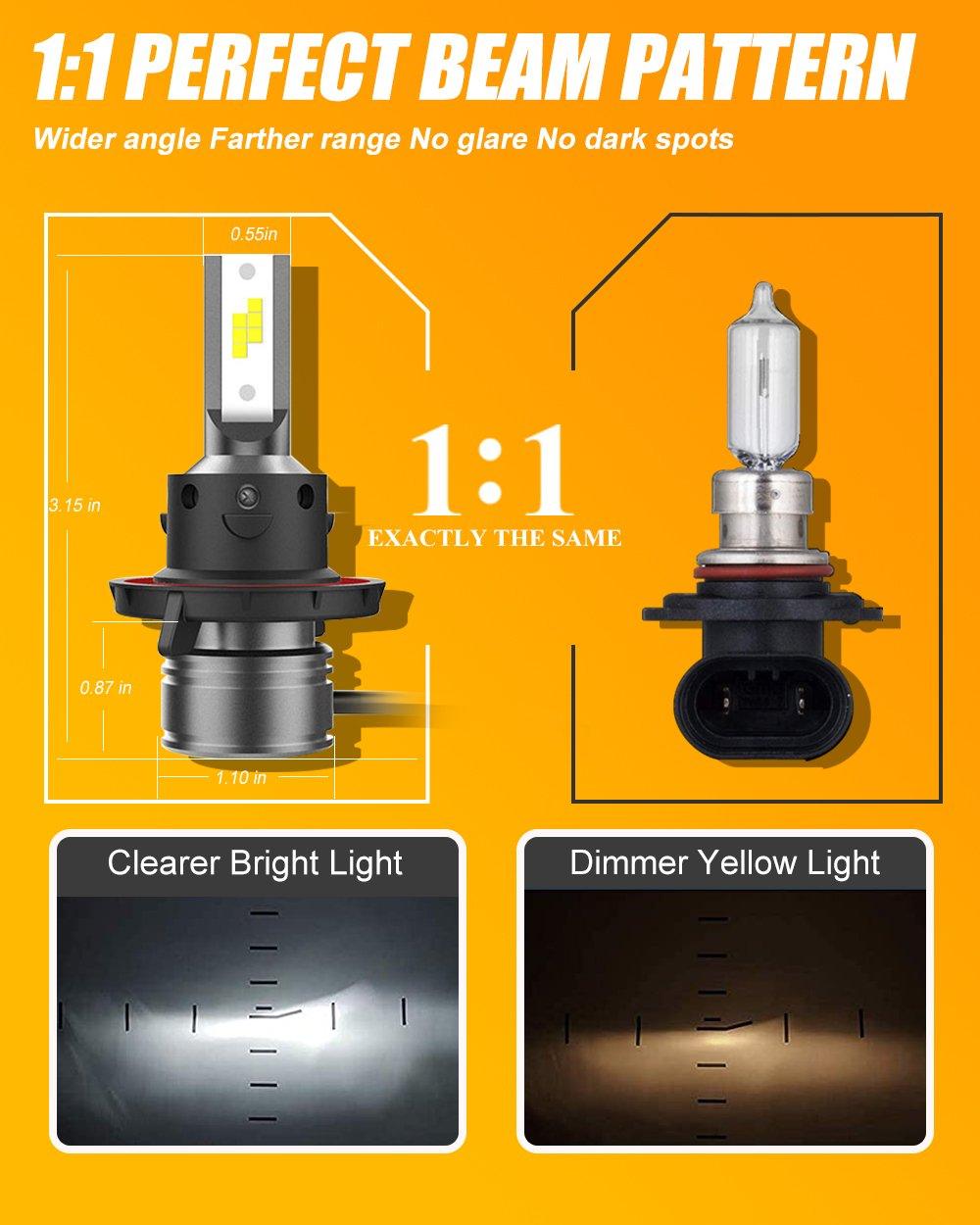 Comparison of H13 LED 1:1 beam pattern with clear bright white light and traditional dimmer yellow light bulb design