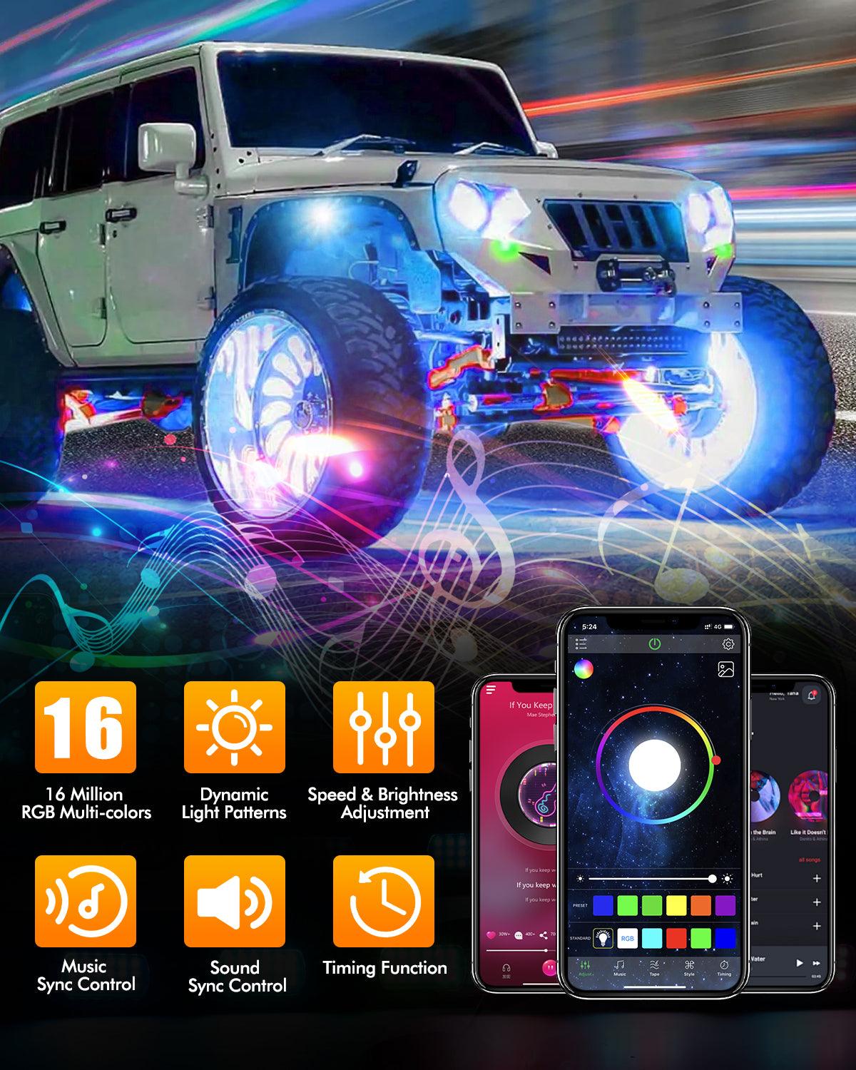 مجموعة مصابيح LED RGB Rock مع تطبيق Bluetooth وجهاز تحكم عن بعد لاسلكي، مصابيح نيون متعددة الألوان مع وظيفة ضوء الفرامل لـ ATV UTV