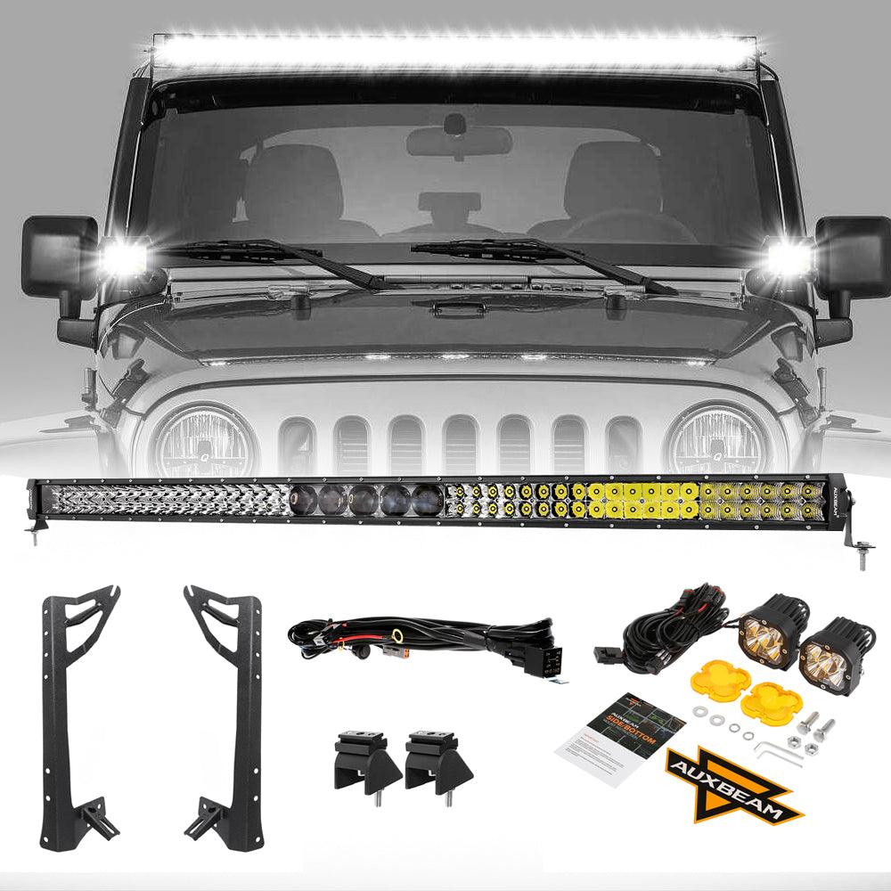 52" 5D-PRO LED Light Bar &amp; 3"LED PODS &amp; 2 IN 1 Design Windshield Mounting Brackets For Jeep Wrangler JK 2007~2017