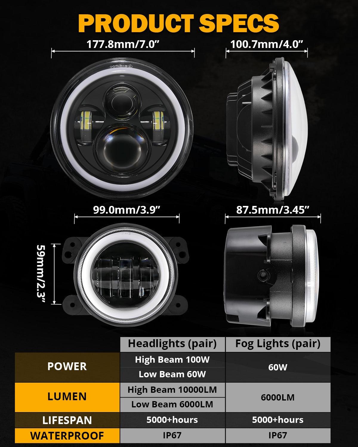 مجموعة مصابيح أمامية RGB مُحسّنة مقاس 7 بوصات + مصابيح ضباب مقاس 4 بوصات لسيارة Jeep Wrangler JK مع التحكم عبر التطبيق 