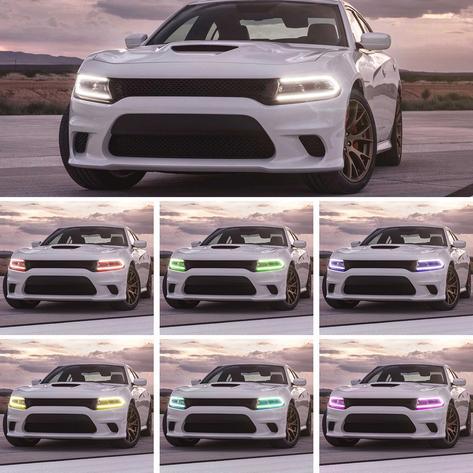 مجموعة مصابيح أمامية LED بنمط RGB مع جهاز عرض مزدوج الشعاع باللون الأسود لسيارة Dodge Charger الجيل السابع (LD) موديلات 2015-2023
