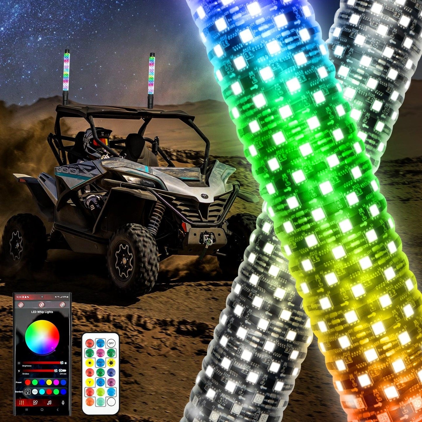 New LED RGB Whip Lights with Turn Signal & Brake Light, Bluetooth APP/ Remote Control