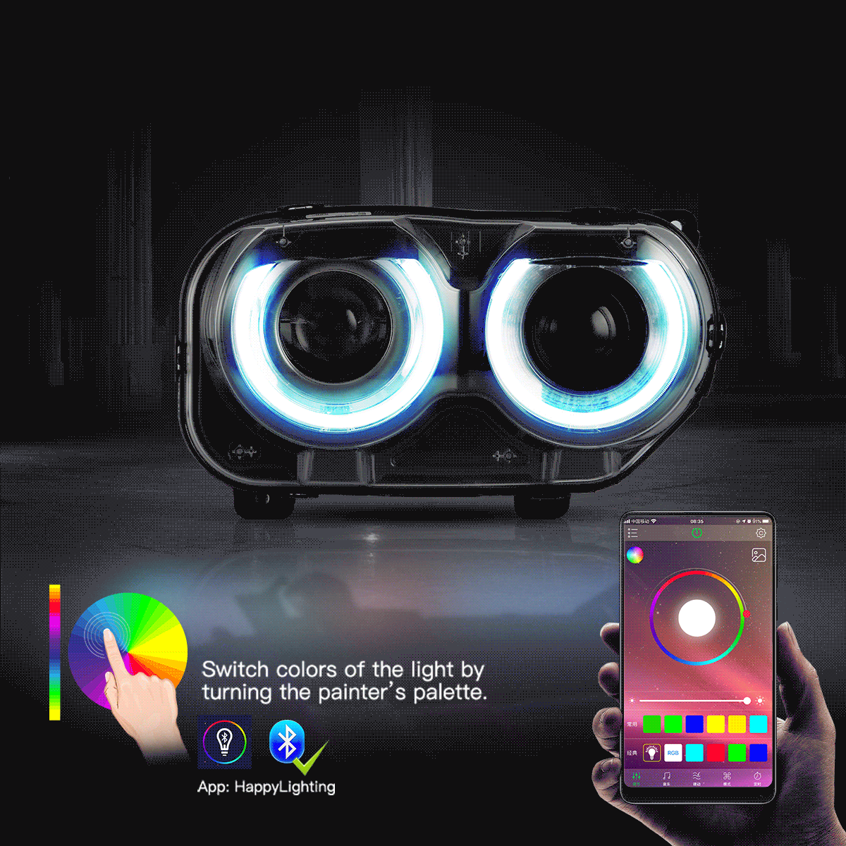 مجموعة مصابيح أمامية LED RGB ثنائية الشعاع باللون الأسود لسيارة دودج تشالنجر الجيل الثالث المحدثة موديلات 2015-2024