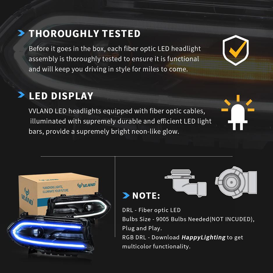 مجموعة مصابيح أمامية LED بنمط RGB مع جهاز عرض مزدوج الشعاع باللون الأسود لسيارة Dodge Charger الجيل السابع (LD) موديلات 2015-2023