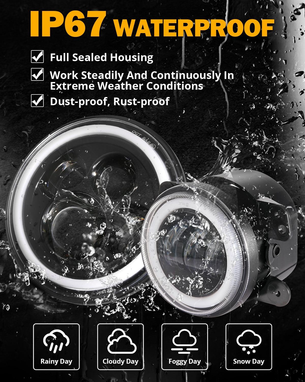 مجموعة مصابيح أمامية RGB مُحسّنة مقاس 7 بوصات + مصابيح ضباب مقاس 4 بوصات لسيارة Jeep Wrangler JK مع التحكم عبر التطبيق 