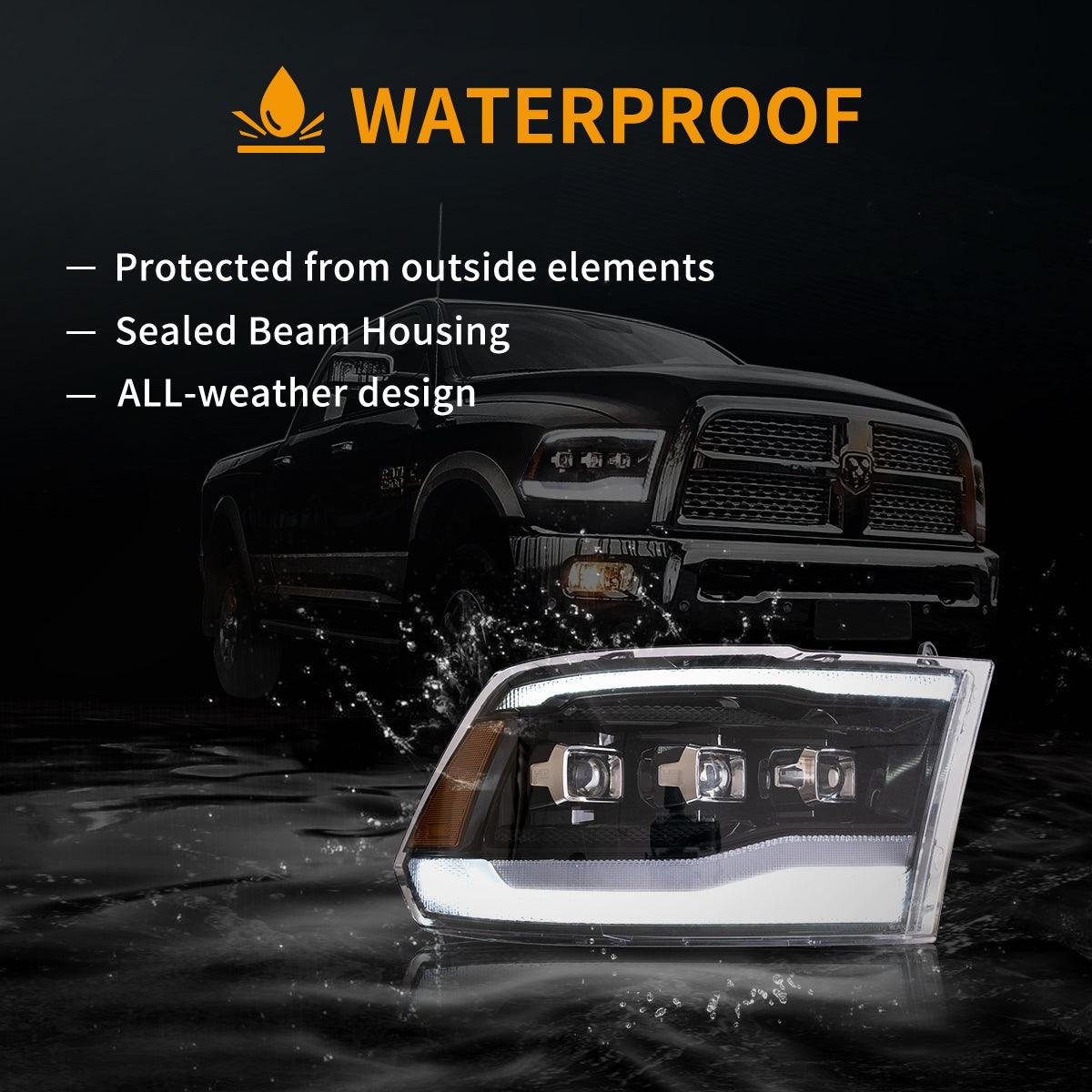 مجموعة مصابيح أمامية LED مزودة بمصفوفة عرض باللون الأسود لسيارة دودج رام الجيل الرابع 1500 و2500 و3500 موديلات 2009-2018